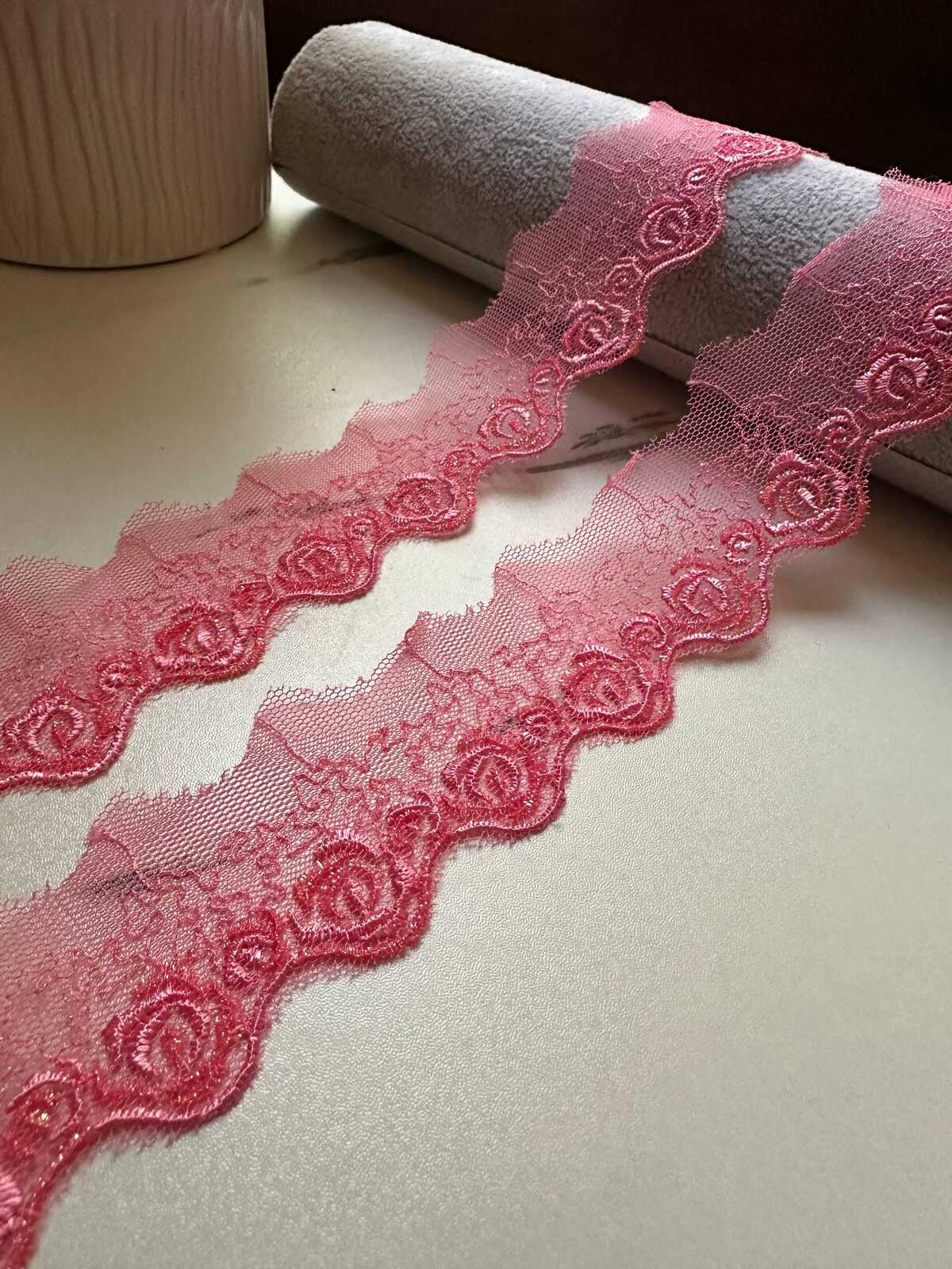 10yds Glitter Pink Rose Embroidered Mesh Organza Lace Trim by the Yard, Narrow Shimmer Metallic Ribbon for Craft Junk Journal, 1"