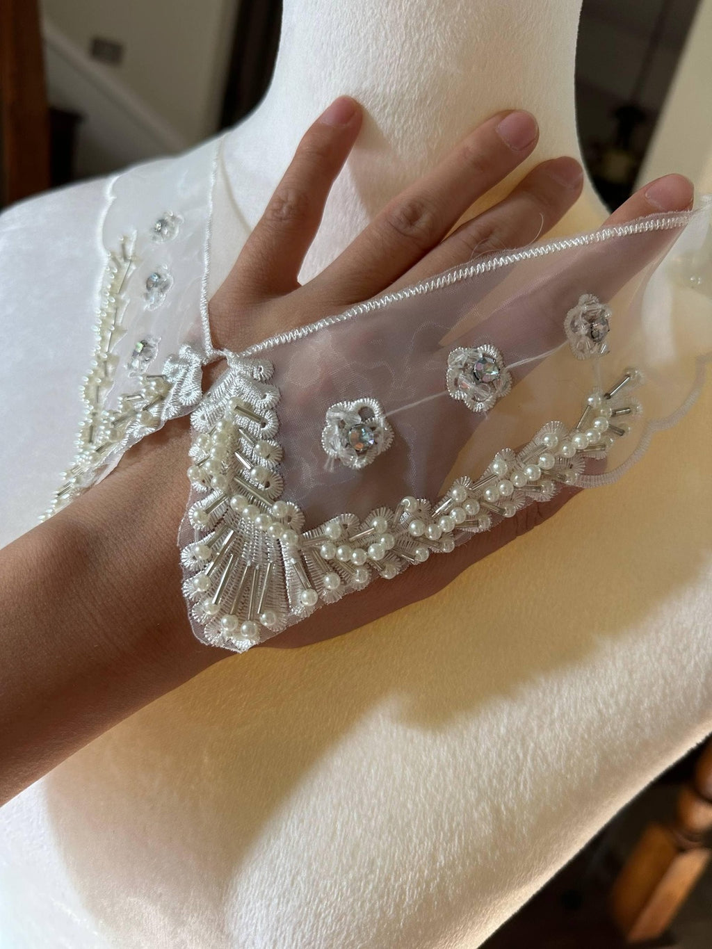 Hand Beaded Pearl Collar Applique, Rhinestone Organza Lace, Bulk Clearance Coquette Y2K Lace, Dress Collar, DIY Sewing, Retail Wholesale
