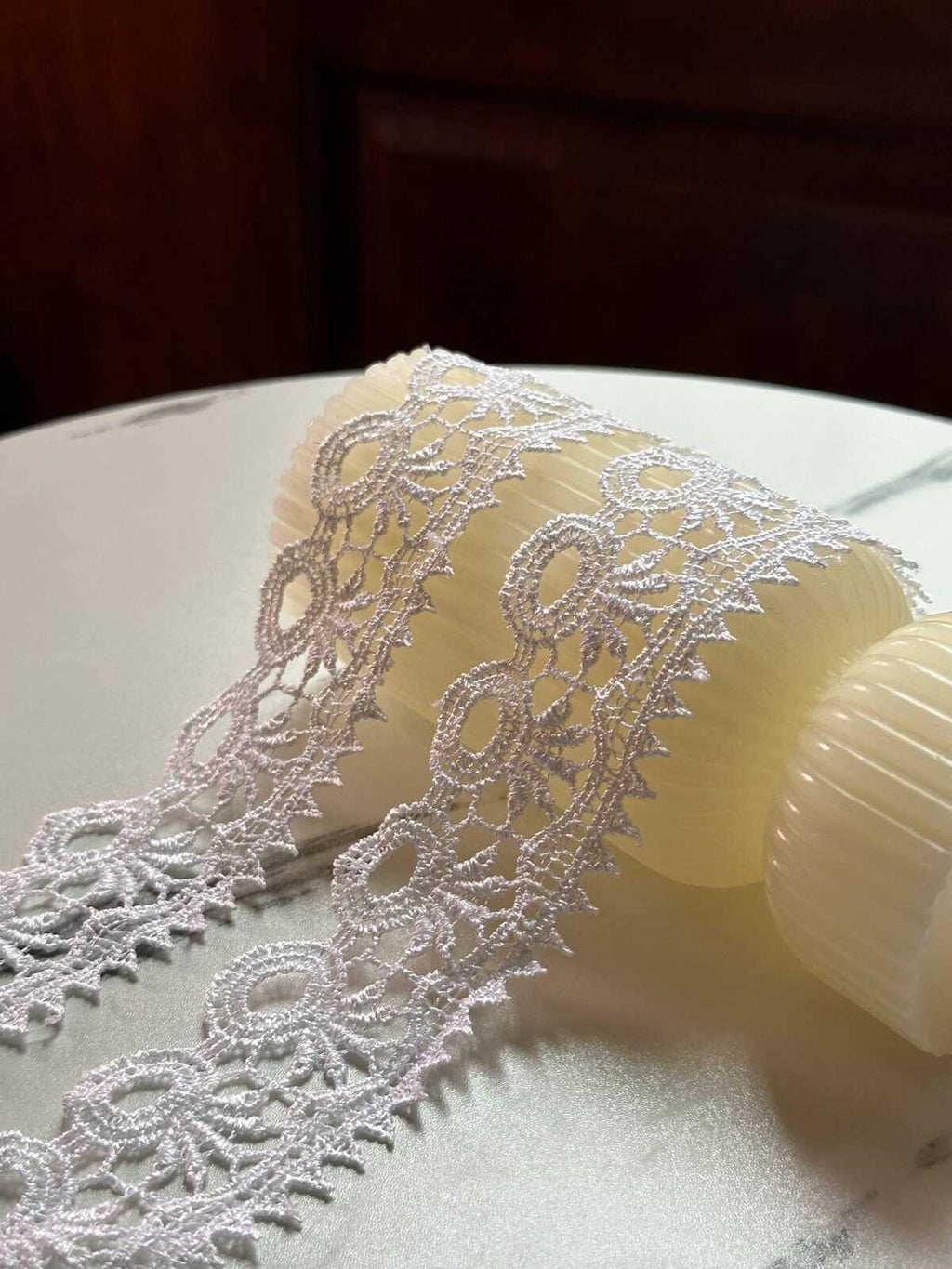 Off White Guipure Lace Trim Geometric Eyelet Water Soluble Venise Lace Ribbon Single Scalloped Border for Gowns Blouses Crafts, 1.5"