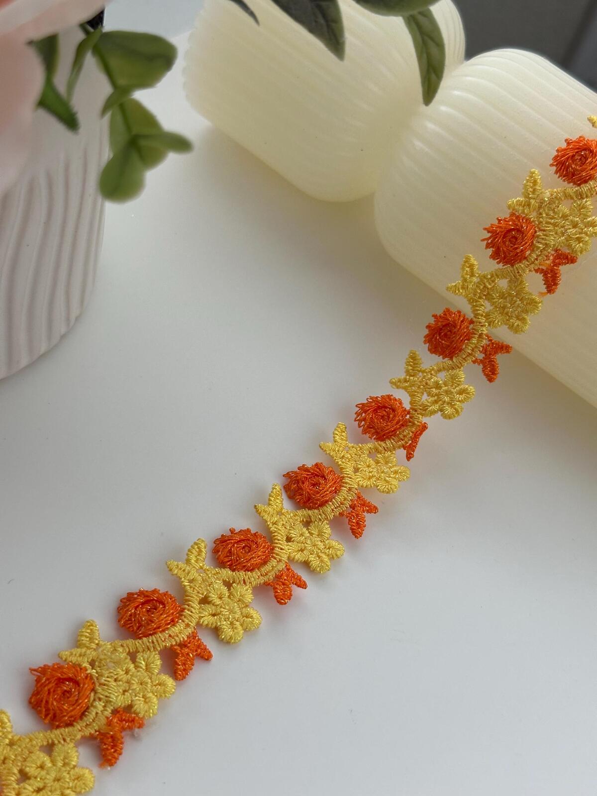 3Yds Non-Stretch 0.8" Yellow Orange 3D Rose Flower Embroidered Lace Wholesale