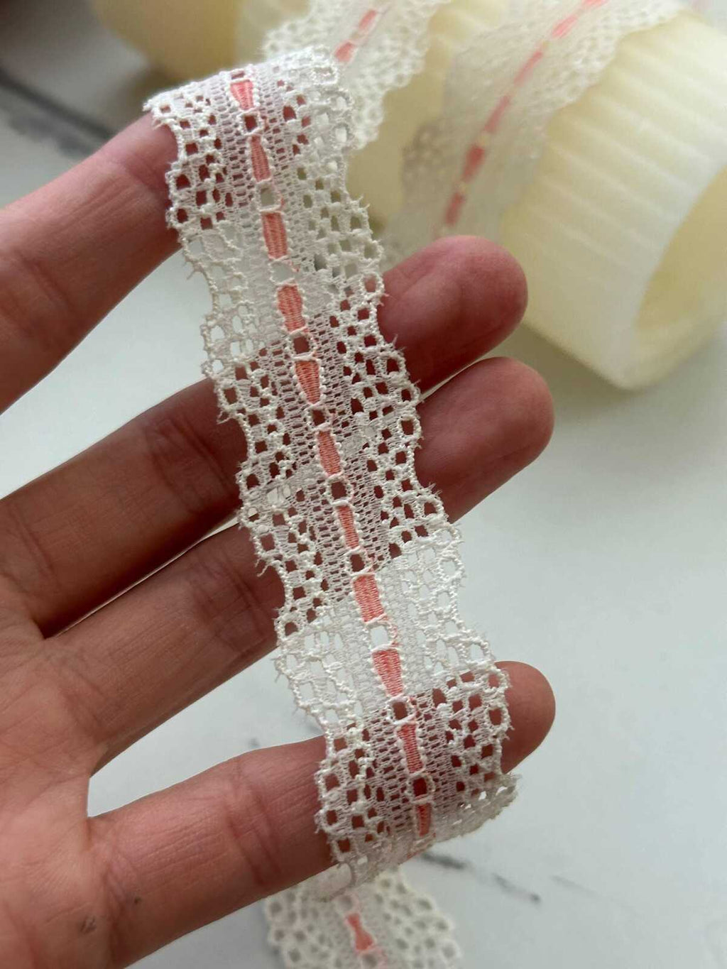 10Yds Stretch 1" Off-White Pink Faux Beading Ribbon Stretch Lace Wholesale