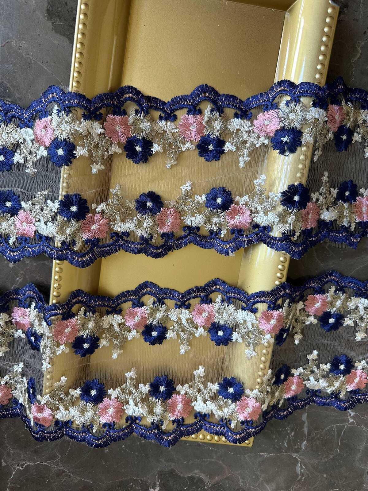4.5" Navy & Pink Floral Embroidered Organza Lace Trim by the Yard, Heavy Craft Scalloped Double Edged Lace for Lolita Dress, Victorian Craft