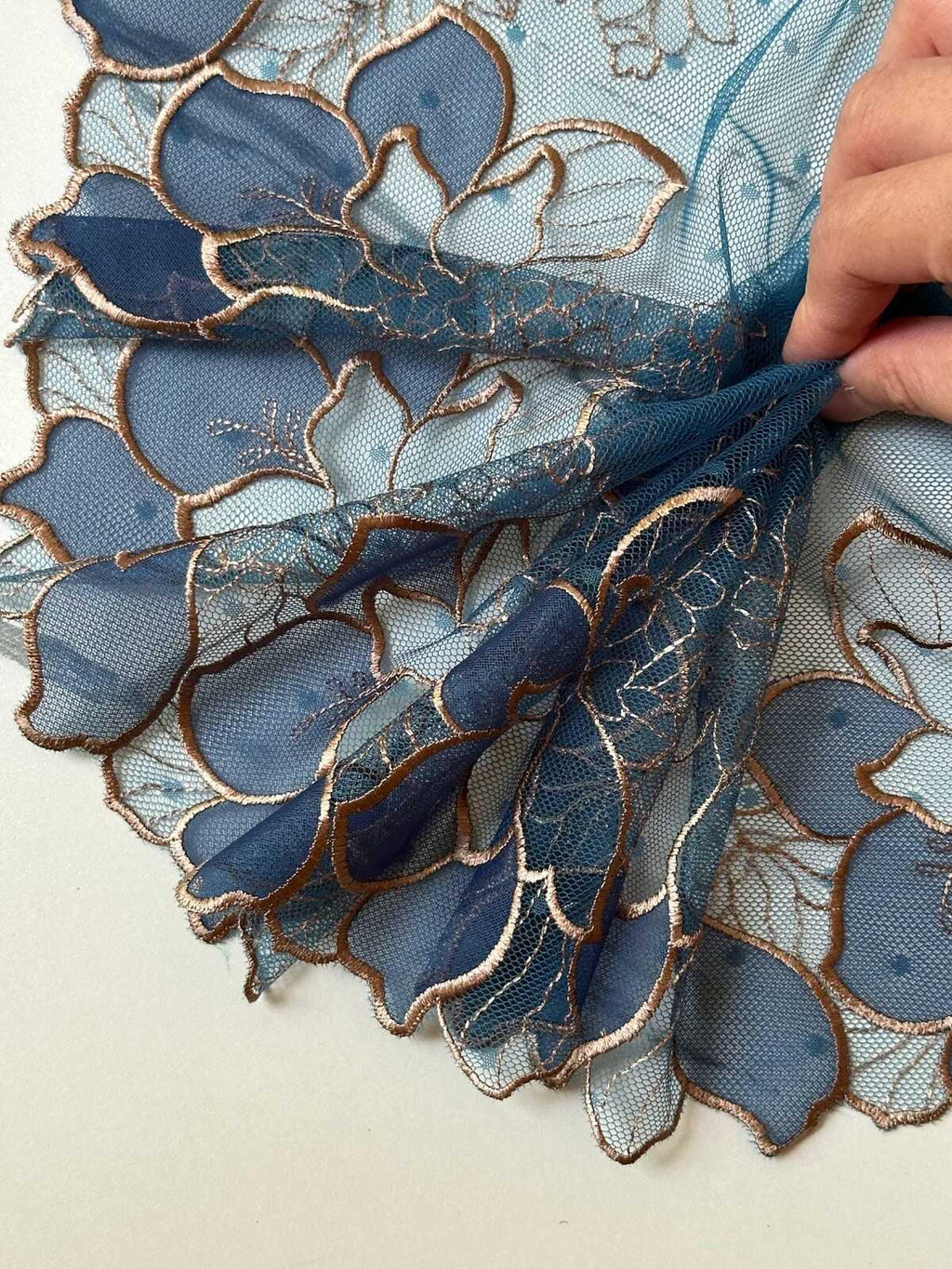 7.65" Peacock Blue Gold Lace Trim Wide Embroidered Floral Swiss Dot Mesh Single Scalloped Edge Lace for Lingerie Garment Sewing Crafts