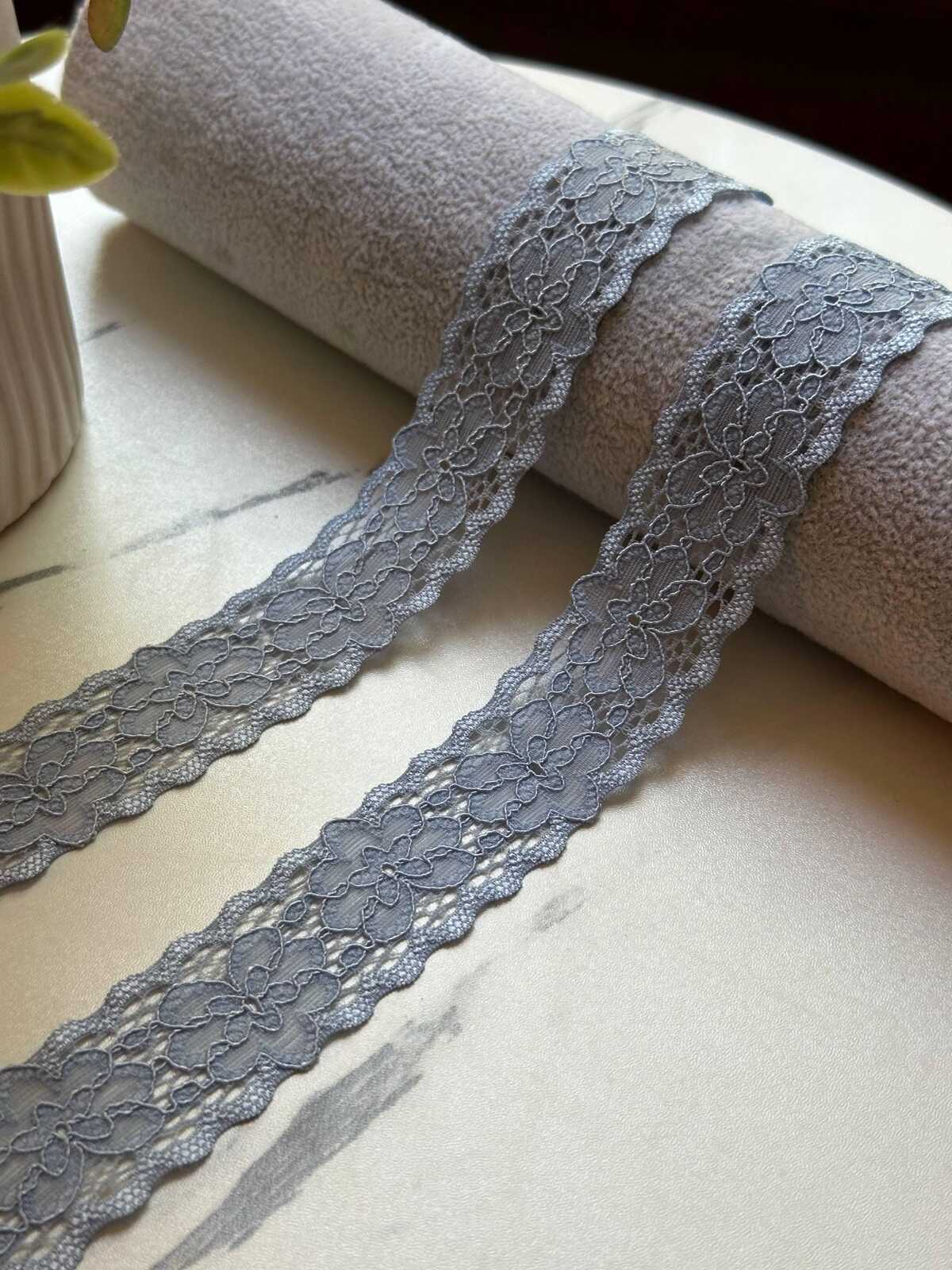 10yds  Soft Dusty Slate Blue Floral Stretch Lace Trim by the Yard, Narrow Scalloped Elastic Ribbon for Coquette Crafts, 1" Retail Wholesale