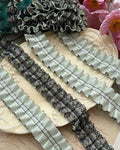 1.5" Heavy Craft Box Pleated Lace Trim, Double Layer Black Mesh & Pastel Cotton Ribbon Garland, Luxury Lolita Skirt Trim, Gothic Gown