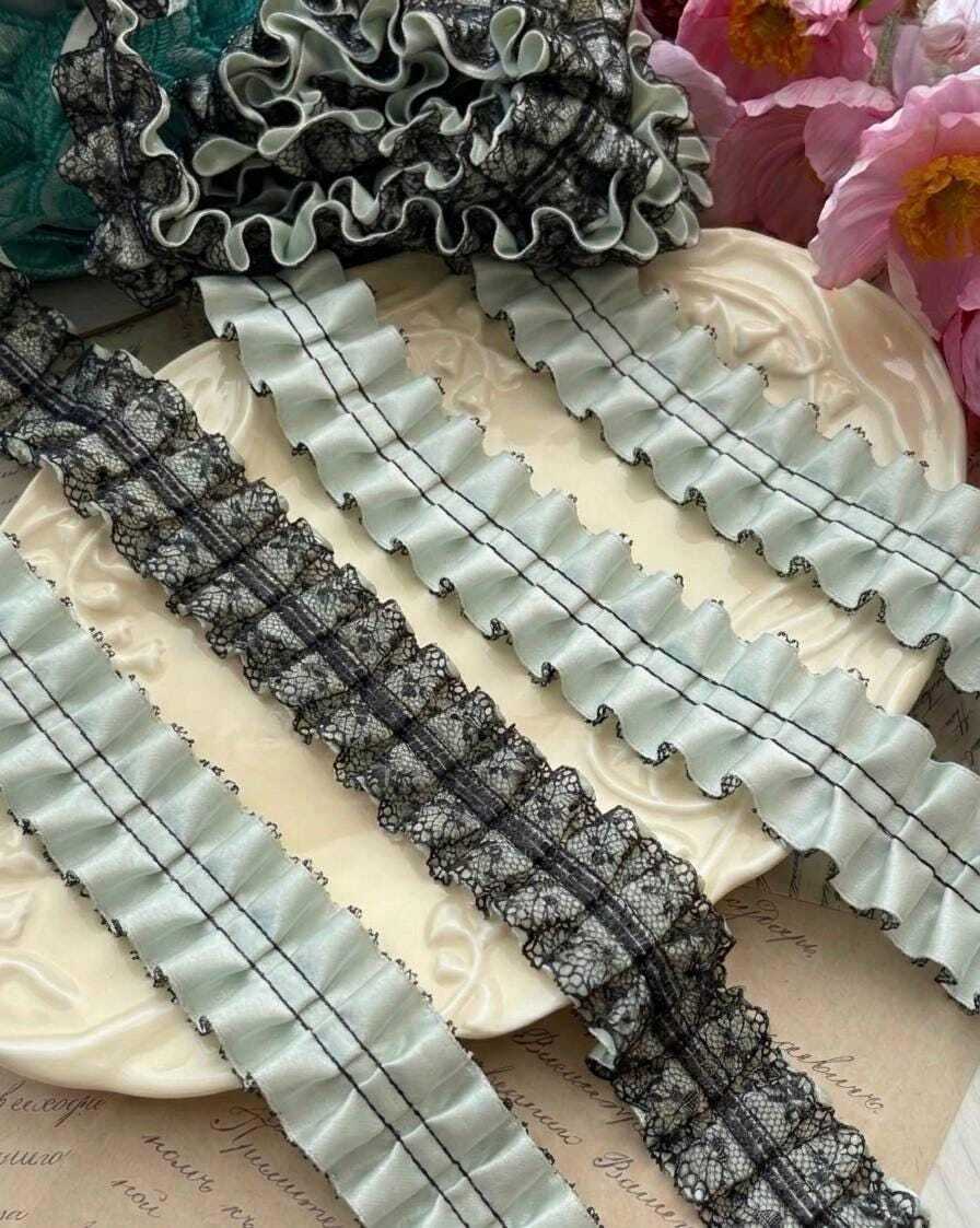 1.5" Heavy Craft Box Pleated Lace Trim, Double Layer Black Mesh & Pastel Cotton Ribbon Garland, Luxury Lolita Skirt Trim, Gothic Gown