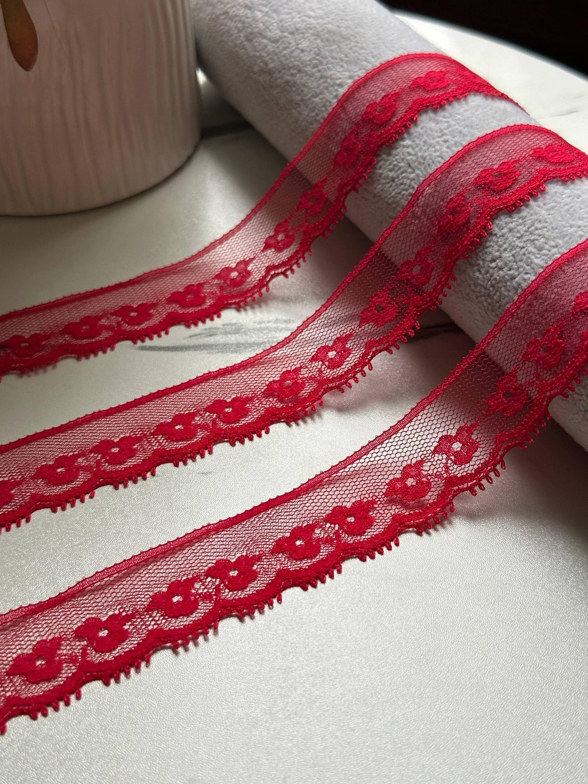 10yds Ultra Soft Crimson Red Floral Eyelash Non-Stretch Mesh Lace Trim by the Yard, Narrow Scalloped Tulle Ribbon, 1", Retail Wholesale Bulk