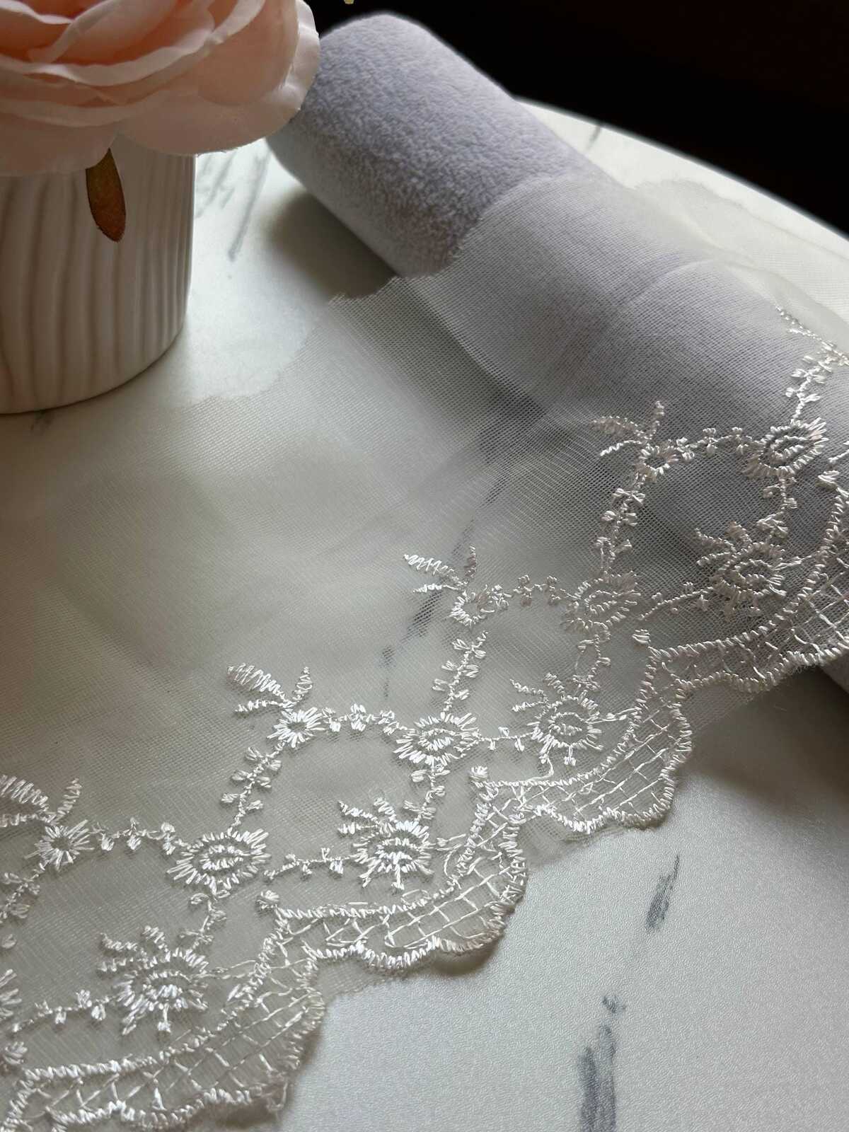 Ivory Organza Embroidered Lace Trim by Yard, Structured Floral Scalloped Ribbon, 5" Wide 3" Embroidery, Retail Wholesale Bulk