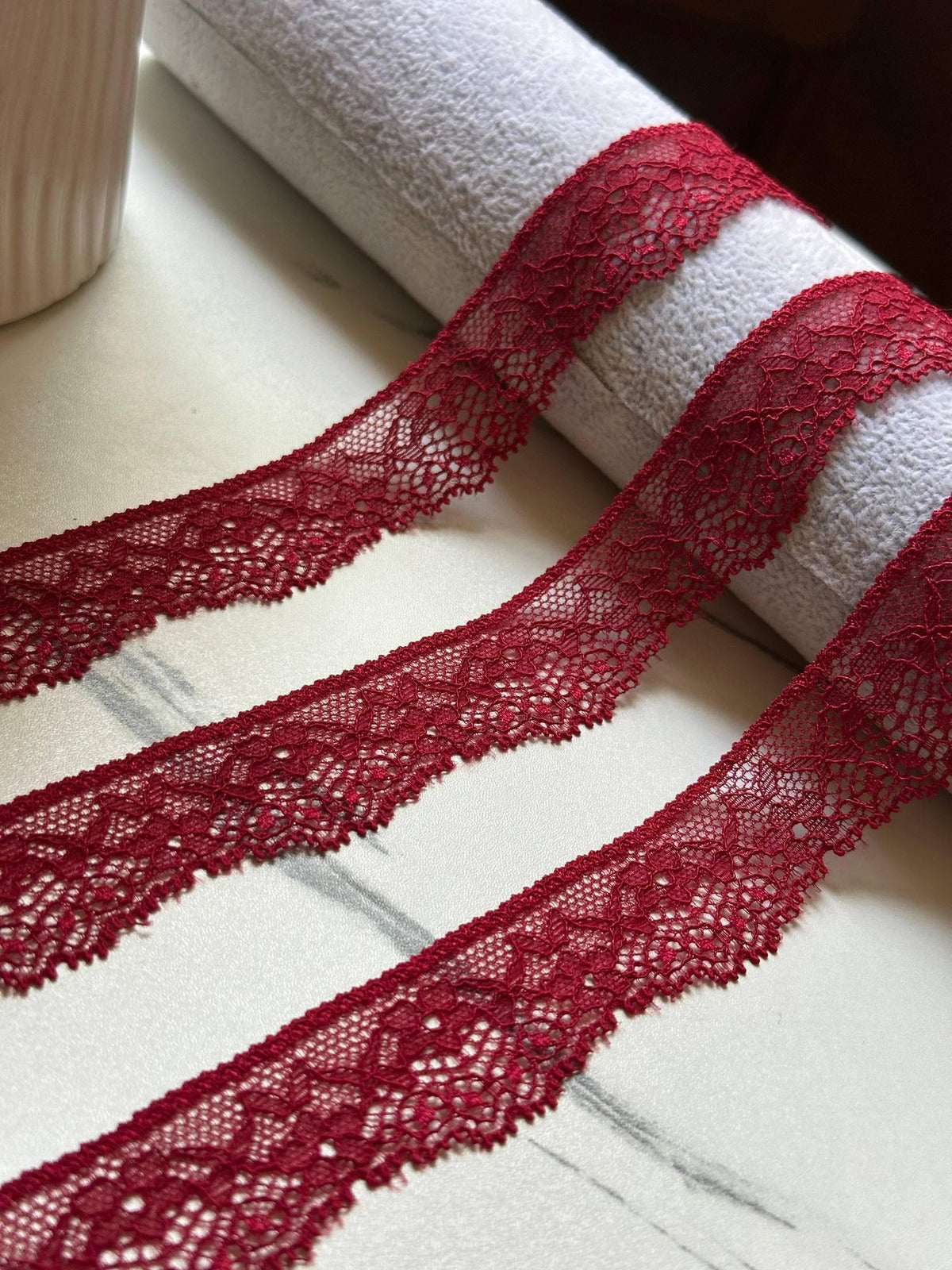 10yds Soft Crimson Wine Floral Stretch Eyelash Lace Trim by the Yard, Narrow Scalloped Elastic Ribbon for Crafts, 1", Retail Wholesale Bulk