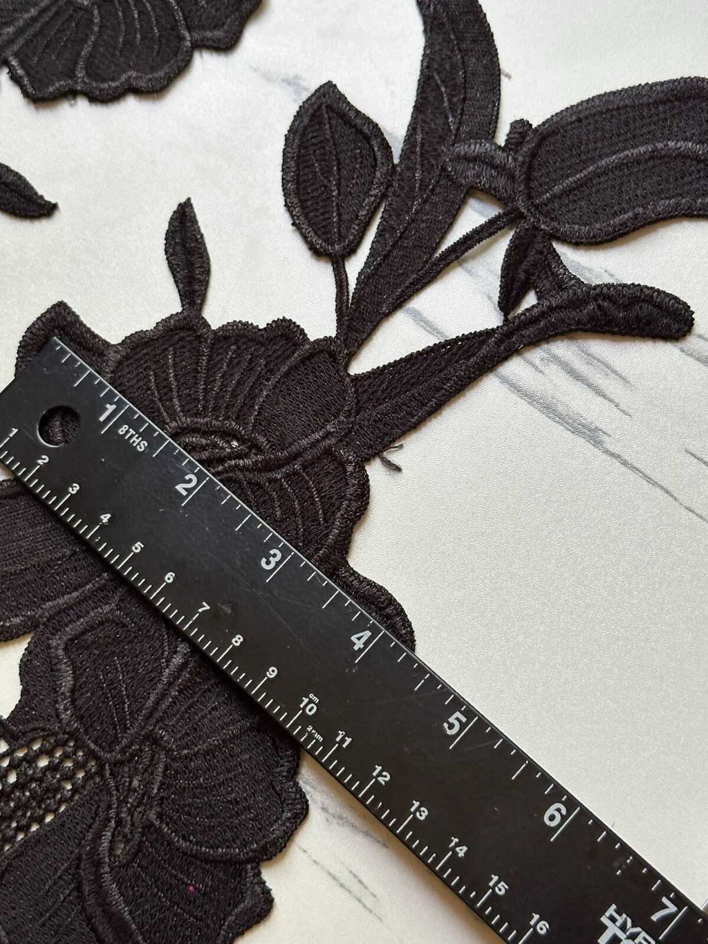 Onyx Black Floral Guipure Lace Applique Motif, Symmetrical Embroidered Flower Patches Pair for Shoulder Mirror Dress Sewing, 10"x4"