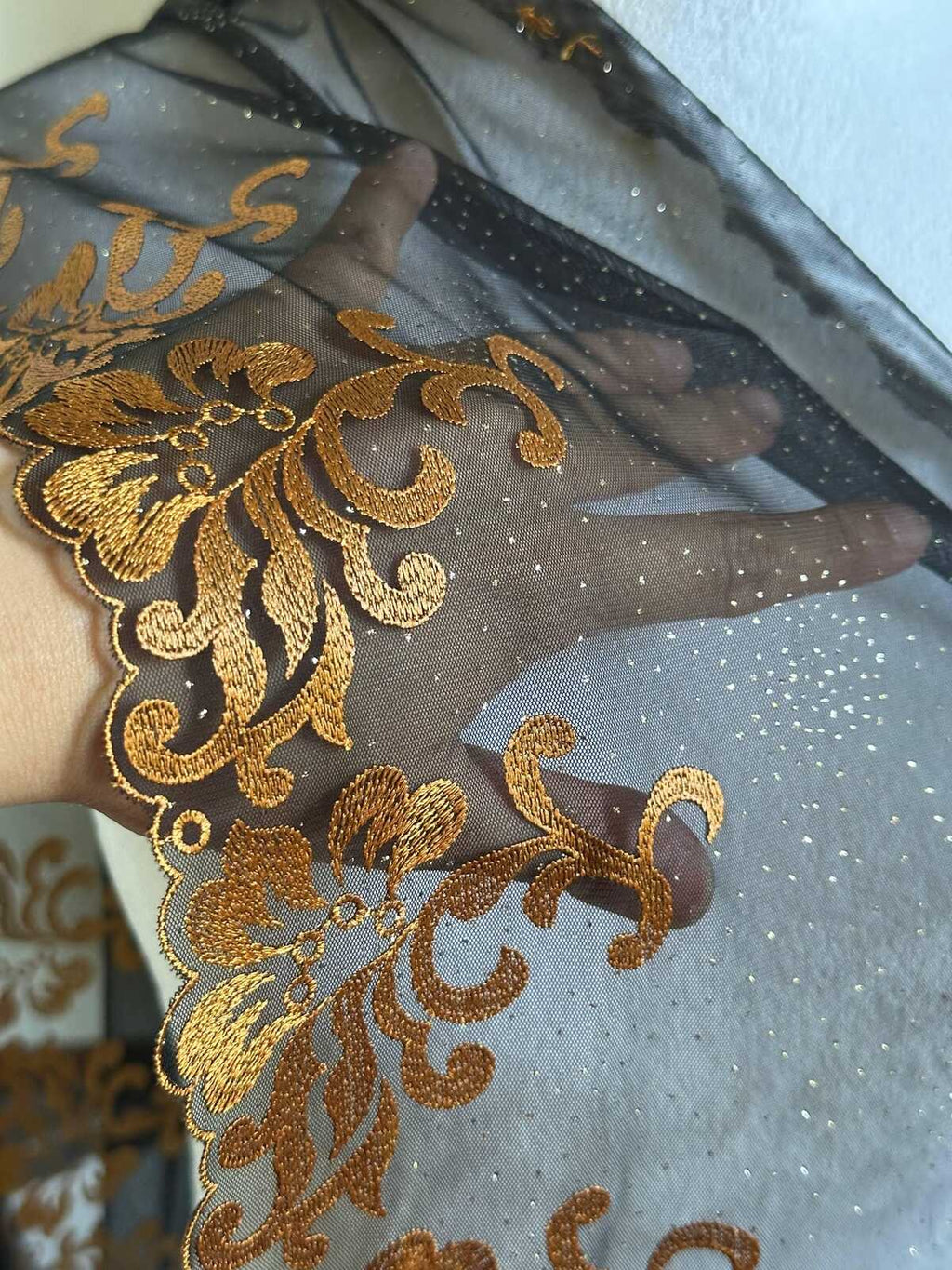 Glitter Gold Soft Mesh Embroidered Trim, Heavy Scalloped Floral Lace Fabric, 4 Inch Embroidery Border for Lolita Dress Ruffle, By The Yard