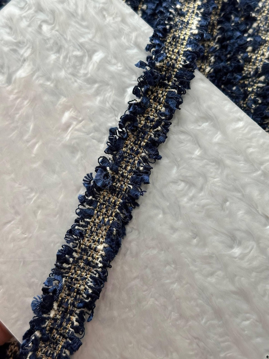10Yds Non-Stretch 0.9" Navy Gold Metallic Woven Tweed Fringe Trim Wholesale