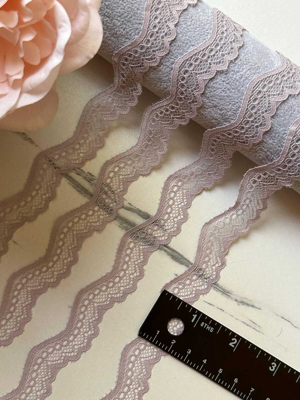 10yds Muted Dusty Rose Geometric Stretch Elastic Lace Trim, Symmetrical Wave Scalloped Narrow Ribbon for Lingerie Underwear Crafts, 0.6"