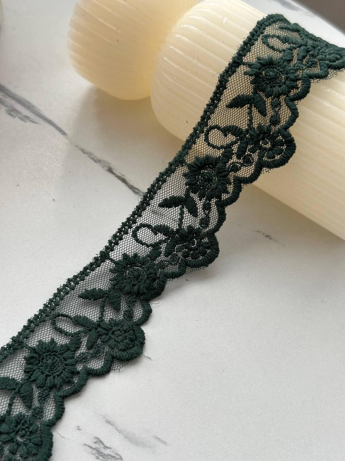 6Yds Non-Stretch 1.5" Dark Forest Green Cotton Embroidered Mesh Lace Trim