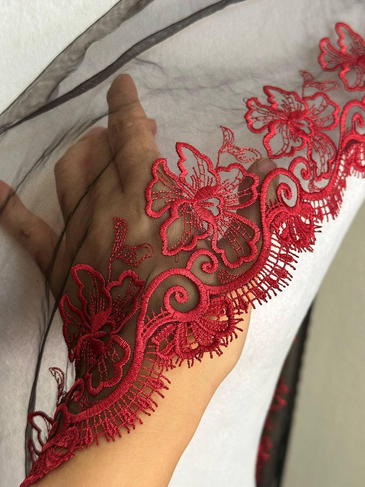 Crimson Red Floral Embroidered Organza Mesh Eyelash Lace Trim, 3" Floral 7" Total Wide Tulle Scalloped Ribbon, Retail Wholesale Bulk