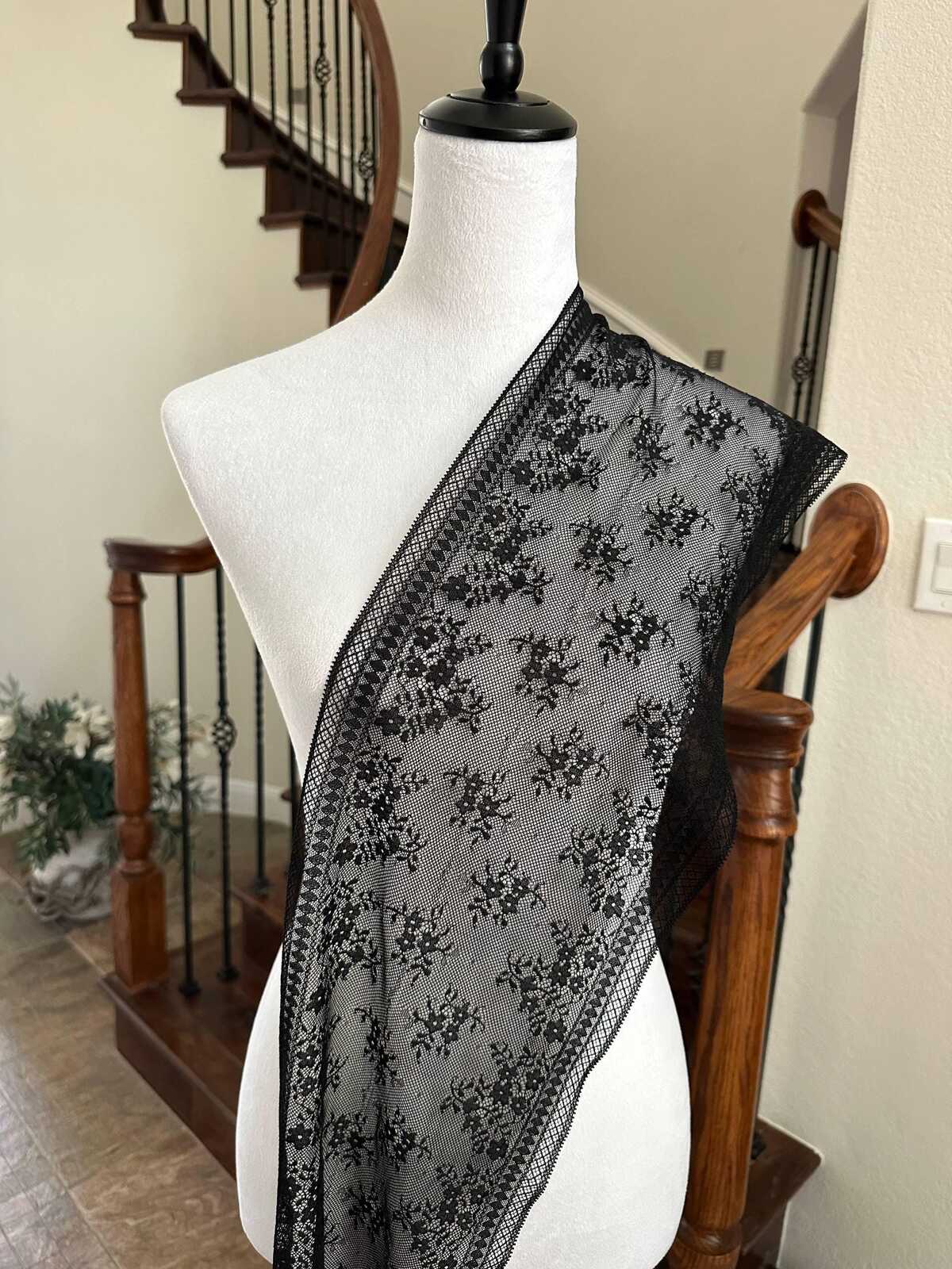 Classic Onyx Black Floral Slight Stretch Lace Trim Symmetrical Double Edge Extra Wide Galloon Ribbon for Corsets Gowns Crafts, 8.5"