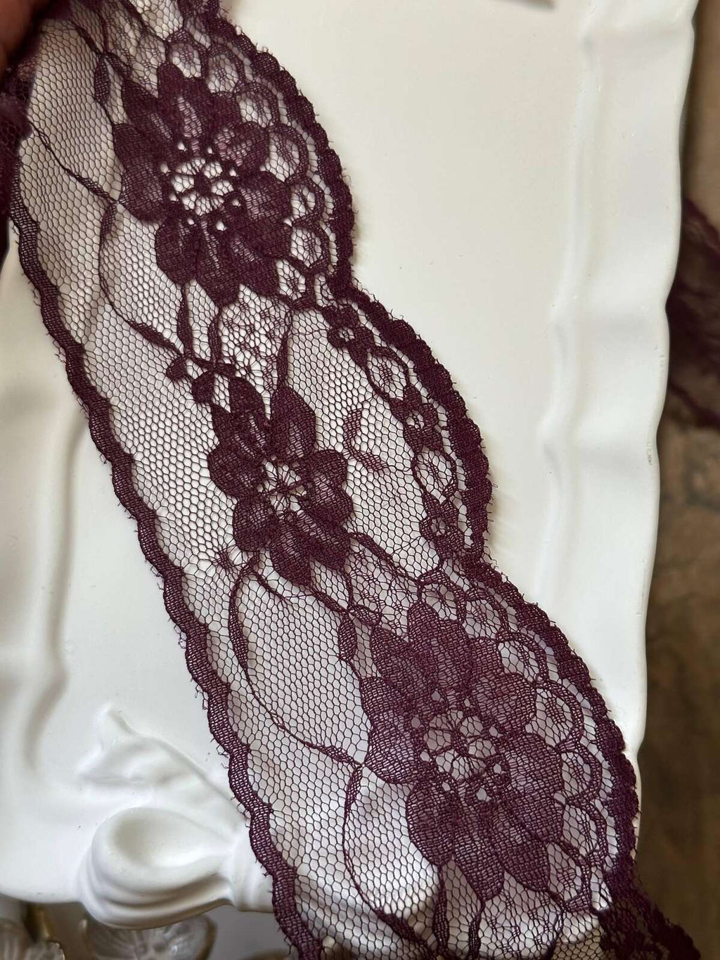 10yds Burgundy Floral Lace Trim by Yard, Non Stretch Drape Ribbon, Soft Skin Friendly Coquette Craft Supply, 2", Retail Wholesale Bulk