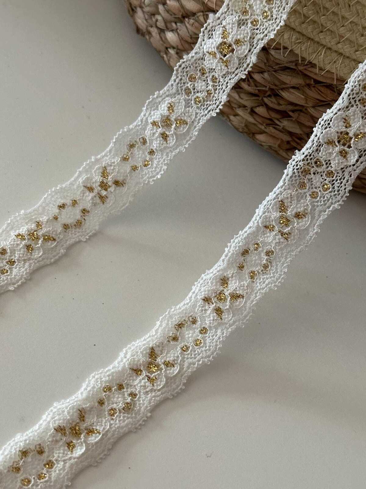 10yds White Gold Metallic Stretch Lace, 0.8" Elastic Ribbon, Bulk Clearance Coquette Y2K Lace, Lingerie, DIY Sewing, Retail Wholesale