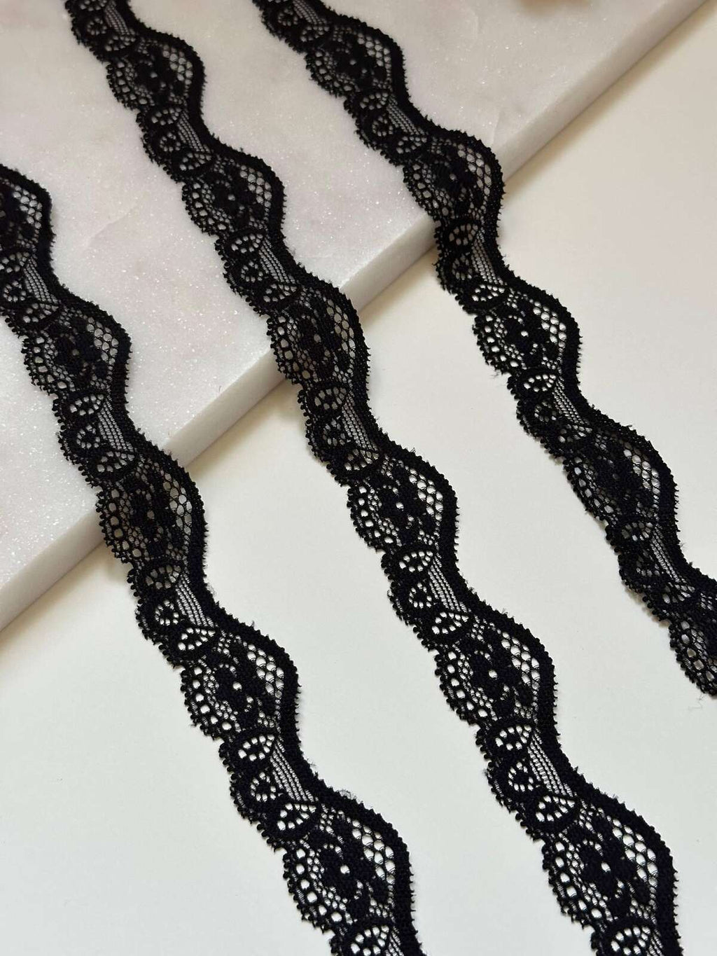 10yds Black Scalloped Wave Stretch Lace Trim by Yard, Elastic Ribbon, Soft Skin Friendly Coquette Craft Supply, 1", Retail Wholesale Bulk