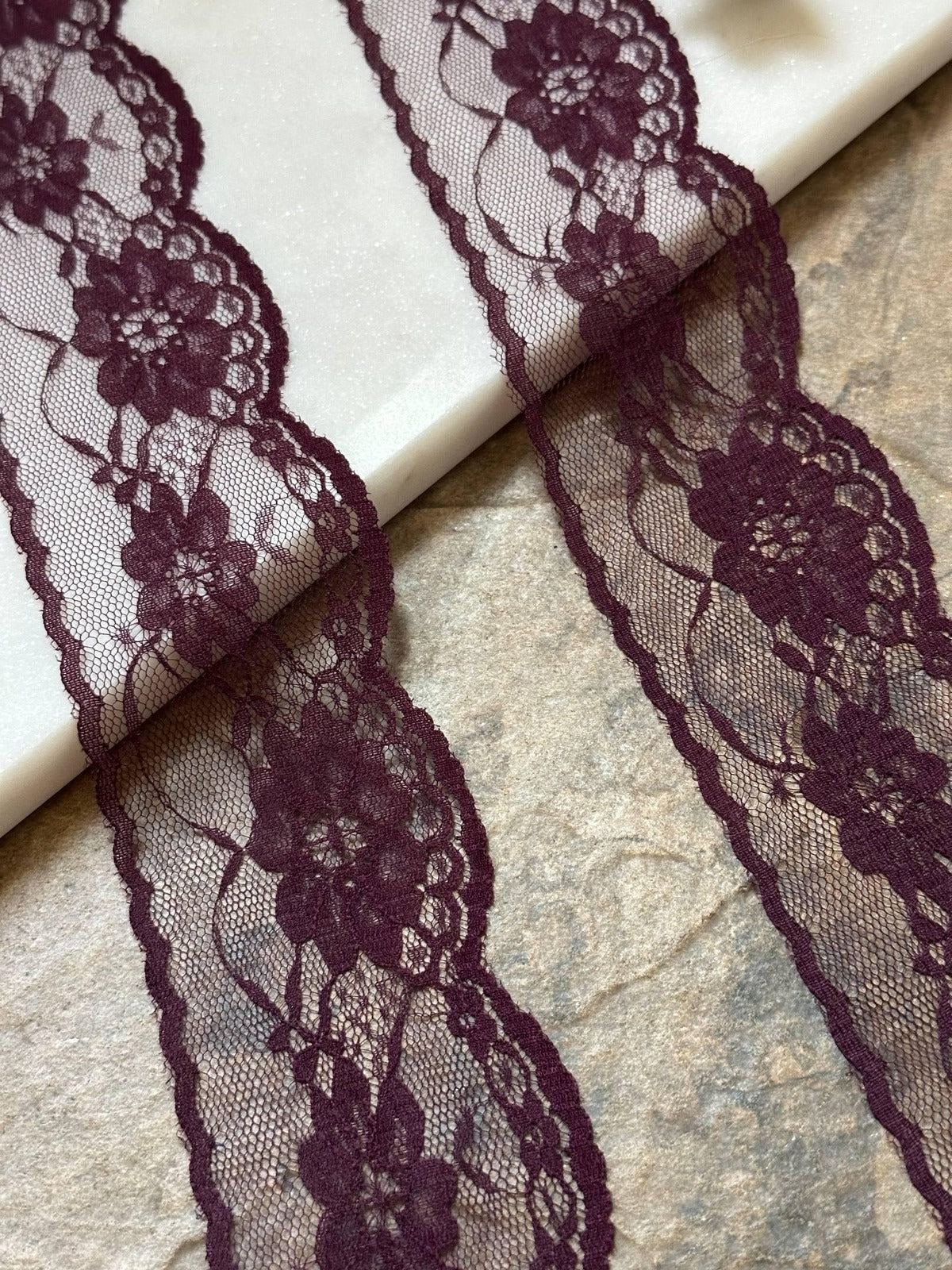 10yds Burgundy Floral Lace Trim by Yard, Non Stretch Drape Ribbon, Soft Skin Friendly Coquette Craft Supply, 2", Retail Wholesale Bulk