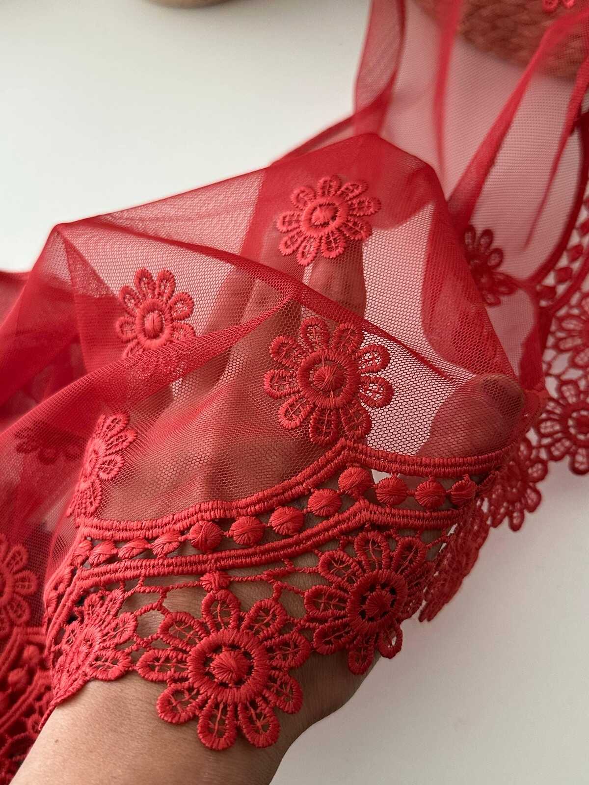 3Yds Non-Stretch 11" Red Daisy Floral Mesh Embroidered Lace Trim, Wholesale