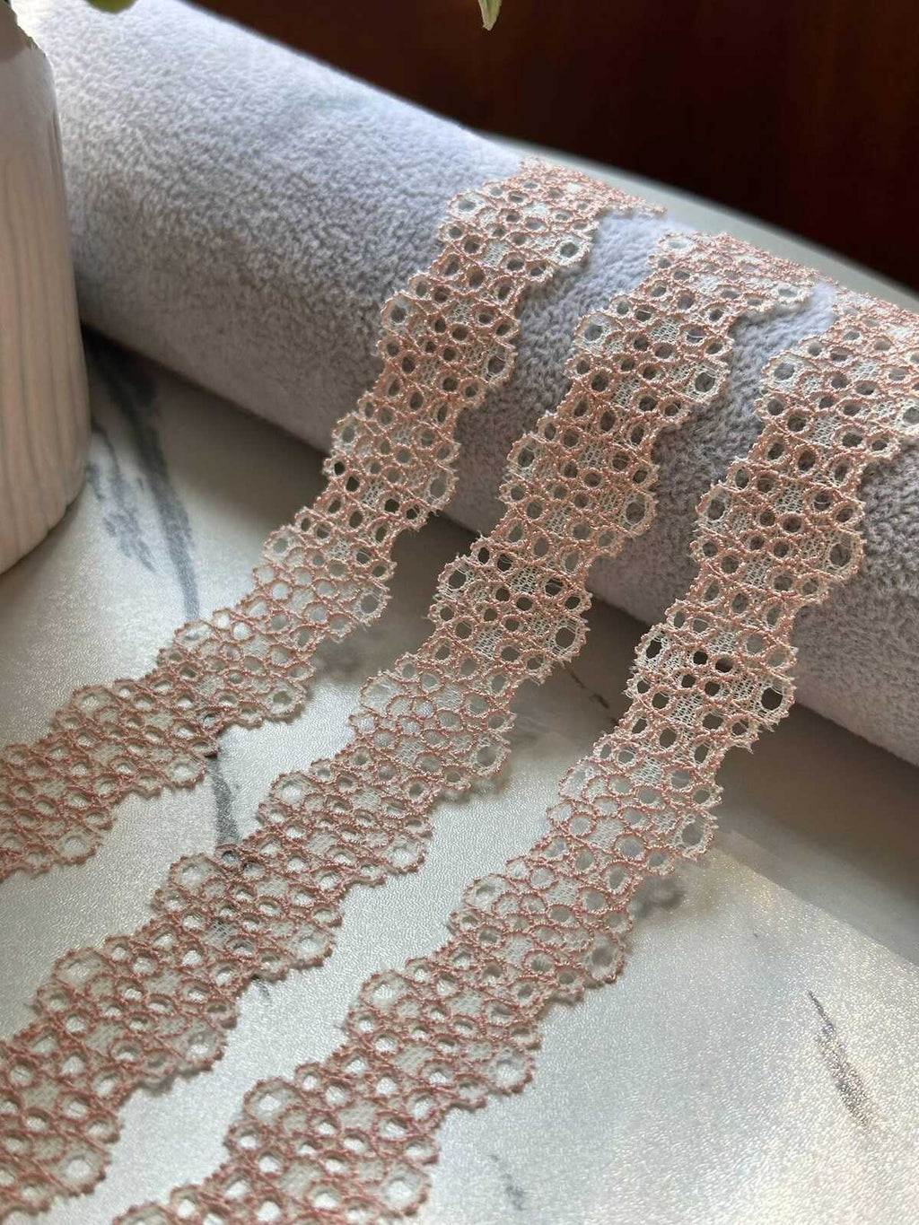 10yds Two Tone Pink Cream Stretch Lace Trim by Yard, Elastic Ribbon, Coquette Craft Supply, 0.85", Retail Wholesale Bulk