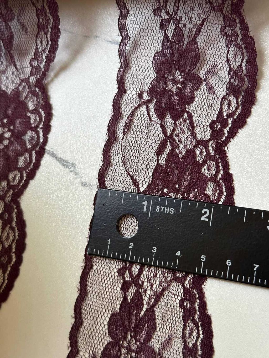 10yds Burgundy Floral Lace Trim by Yard, Non Stretch Drape Ribbon, Soft Skin Friendly Coquette Craft Supply, 2", Retail Wholesale Bulk