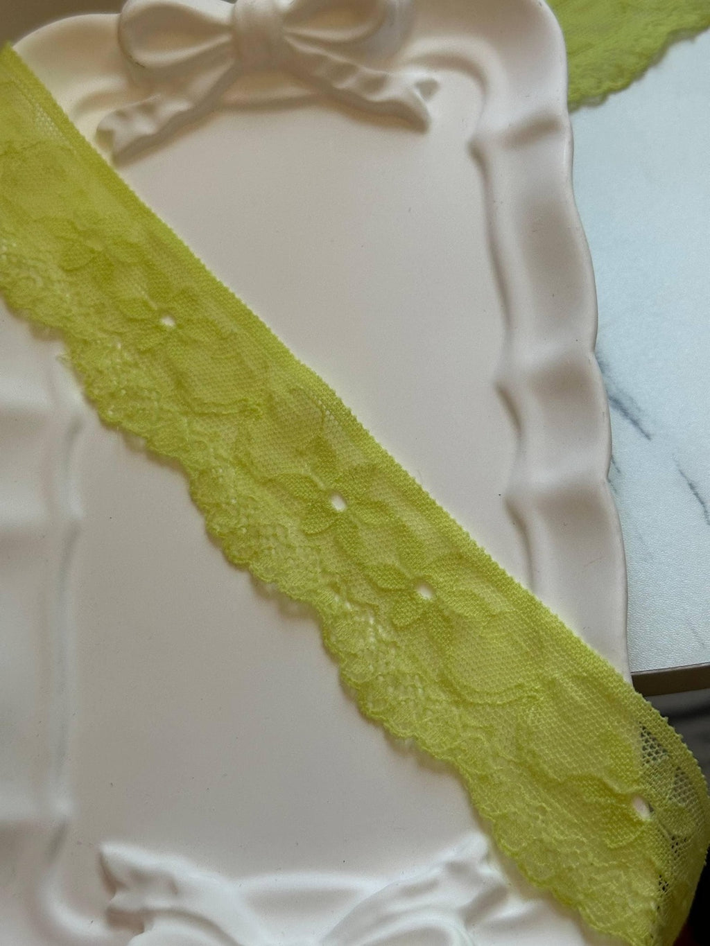 10yds Soft Greenish Lemon Yellow Floral Stretch Lace Trim by the Yard, Ultra Soft Elastic Ribbon for Coquette Crafts, 1.35" Retail Wholesale