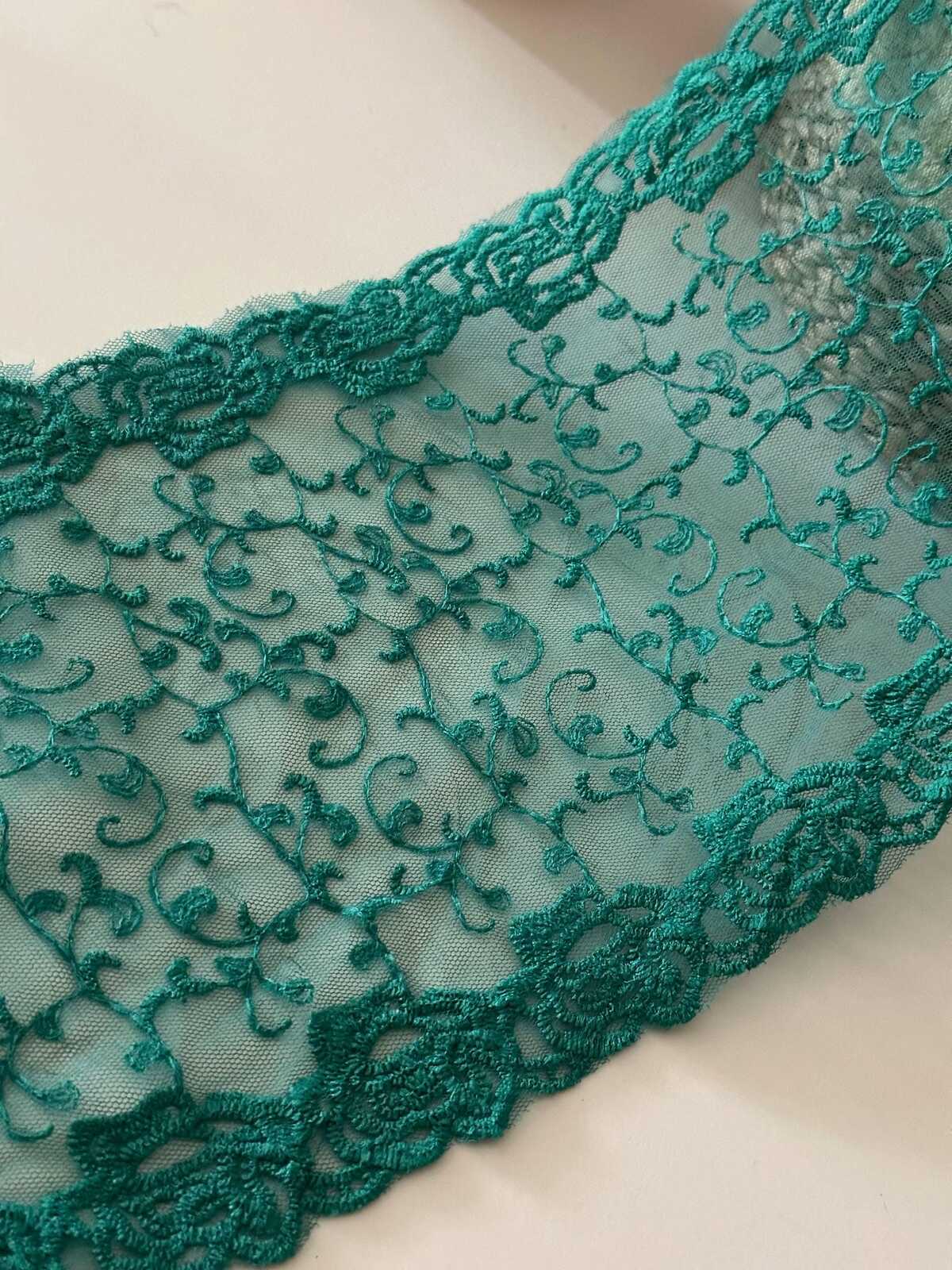 3Yds Teal Green Embroidered Lace, 7.2" Wide Cotton Trim, Bulk Clearance Coquette Y2K Lace, Garment Trim, DIY Sewing, Retail Wholesale