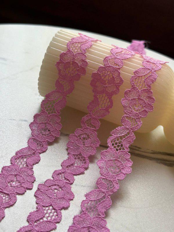 Bright Candy Pink Floral Stretch Elastic Lace Trim Symmetrical Double Scalloped Galloon Ribbon for Lingerie Underwear Crafts Sewing, 1"