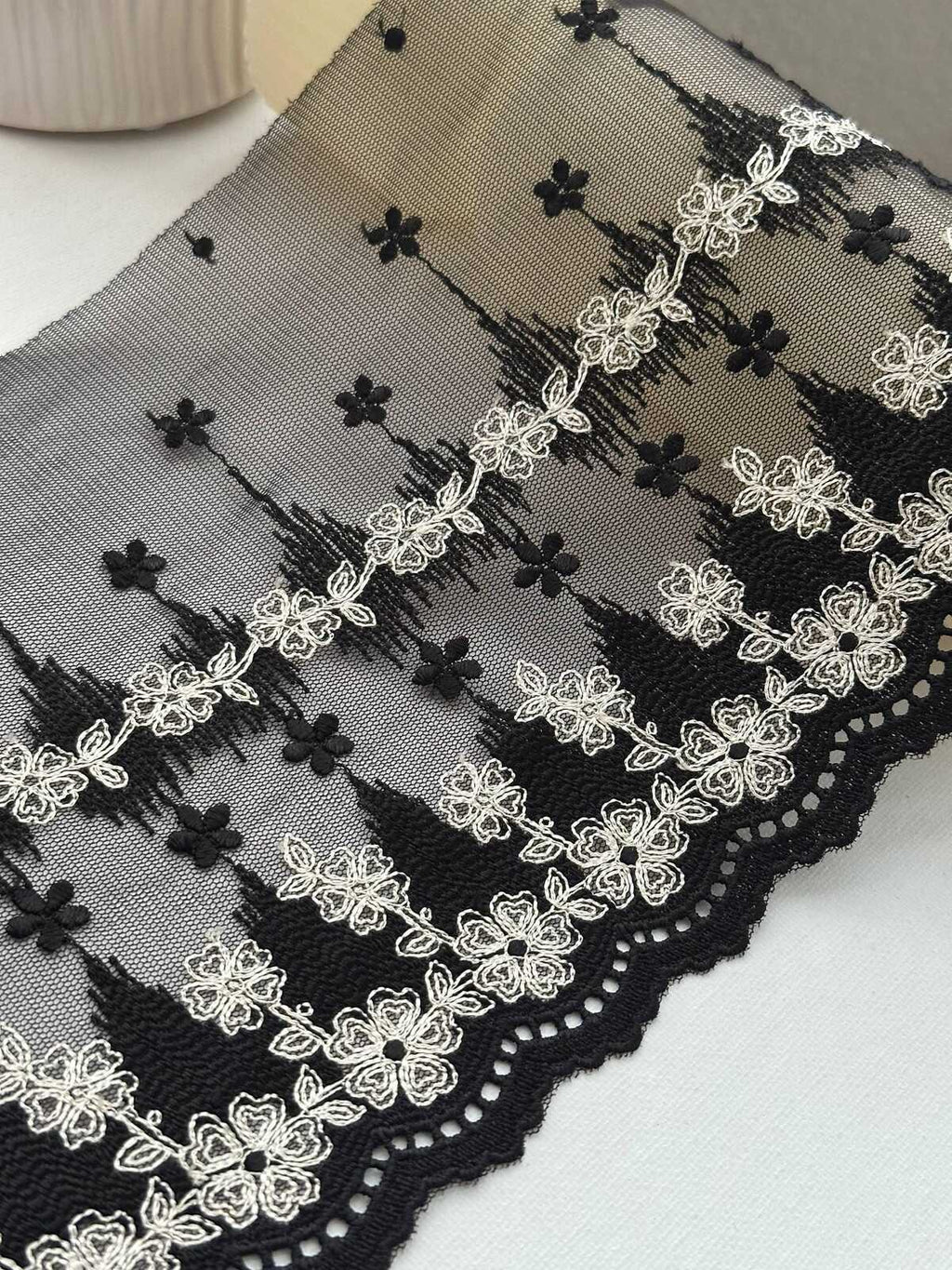 1Yd Non-Stretch 6.9" Black Off-White Floral Embroidered Mesh Lace Wholesale