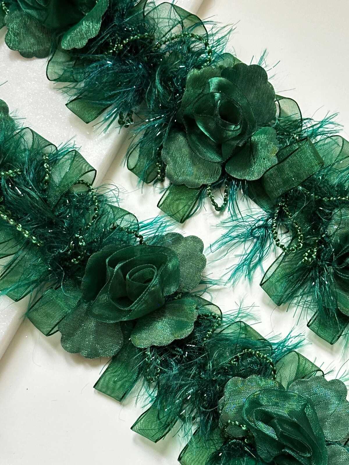 Emerald Green 3D Organza Rose Feather Beaded Trim, Wide Ribbon Garland, Coquette Craft Supply, 3", Retail Wholesale Bulk