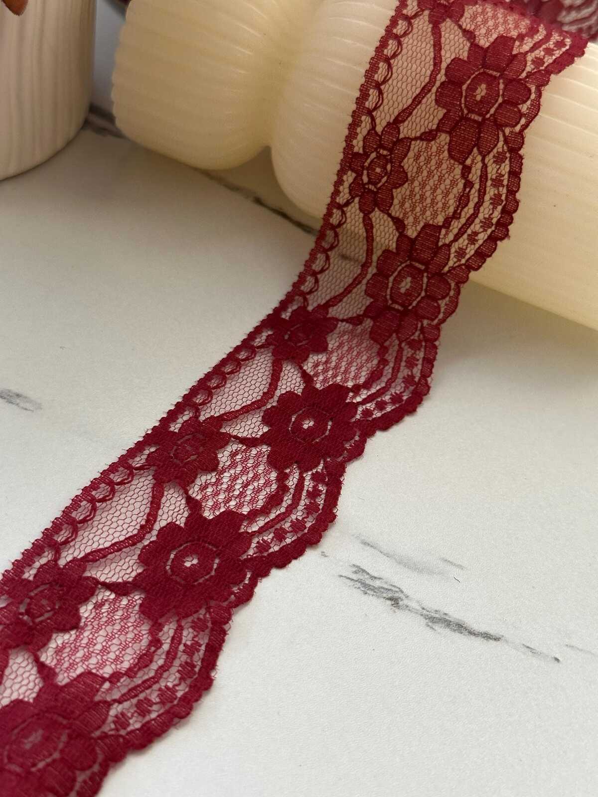 10Yds Non-Stretch 1.6" Burgundy Wine Red Floral Mesh Lace Trim Wholesale