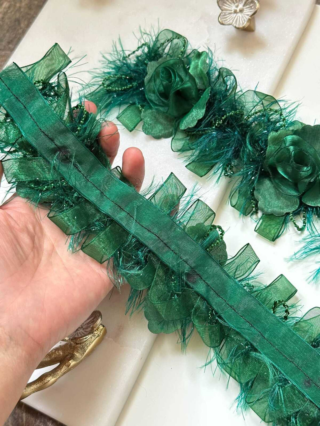 Emerald Green 3D Organza Rose Feather Beaded Trim, Wide Ribbon Garland, Coquette Craft Supply, 3", Retail Wholesale Bulk