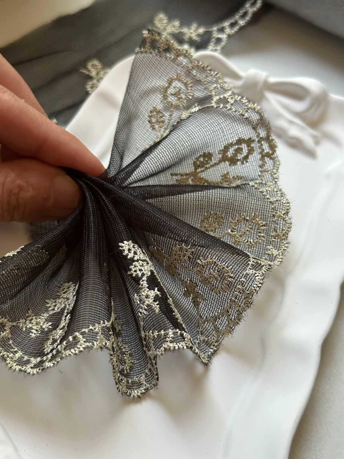 10yds Charcoal Black Gold Embroidered Organza Lace Trim by the Yard, Wide Structured Floral Border Ribbon for Curtains Pillows Crafts, 2.5"