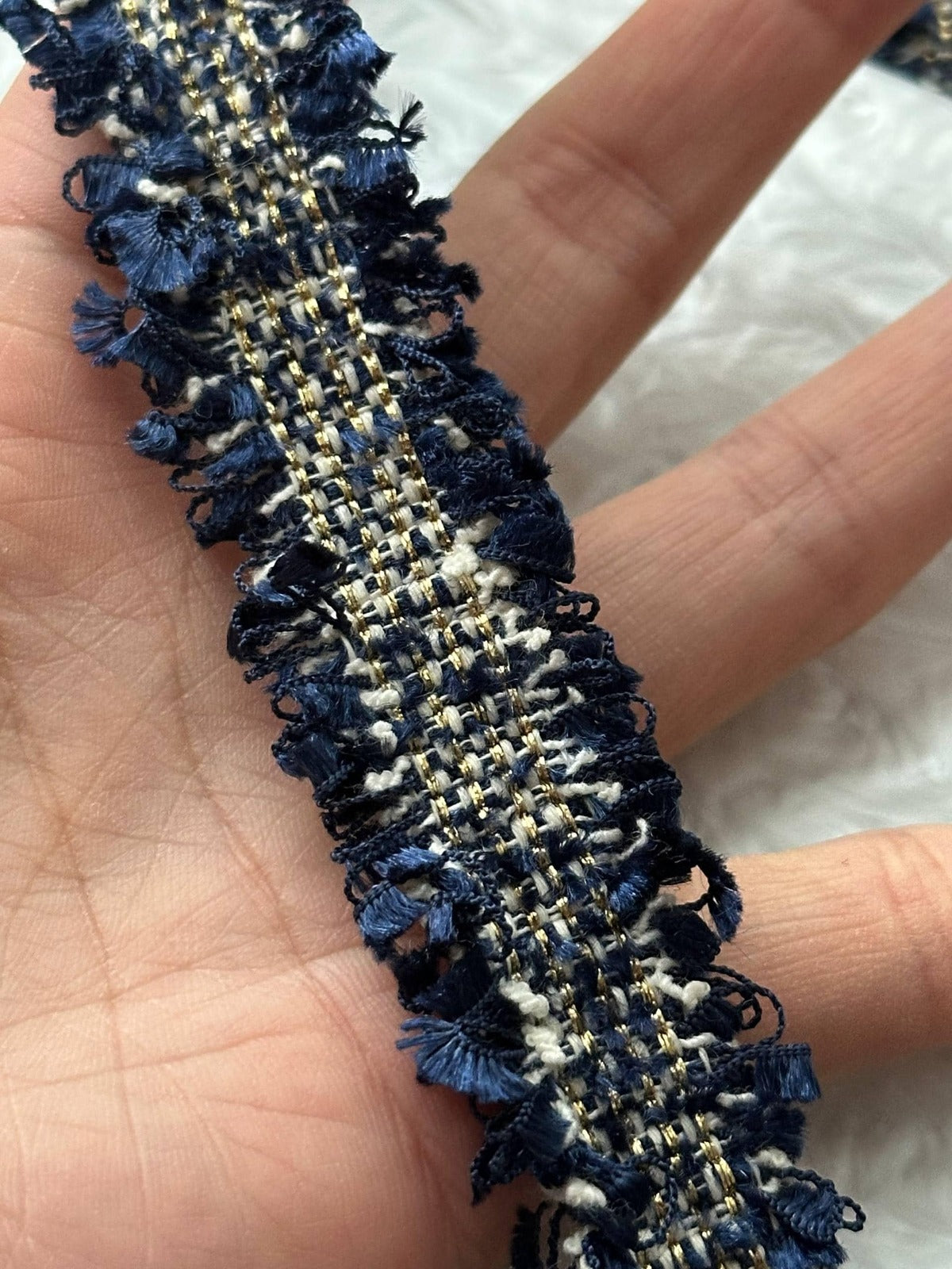 10Yds Non-Stretch 0.9" Navy Gold Metallic Woven Tweed Fringe Trim Wholesale