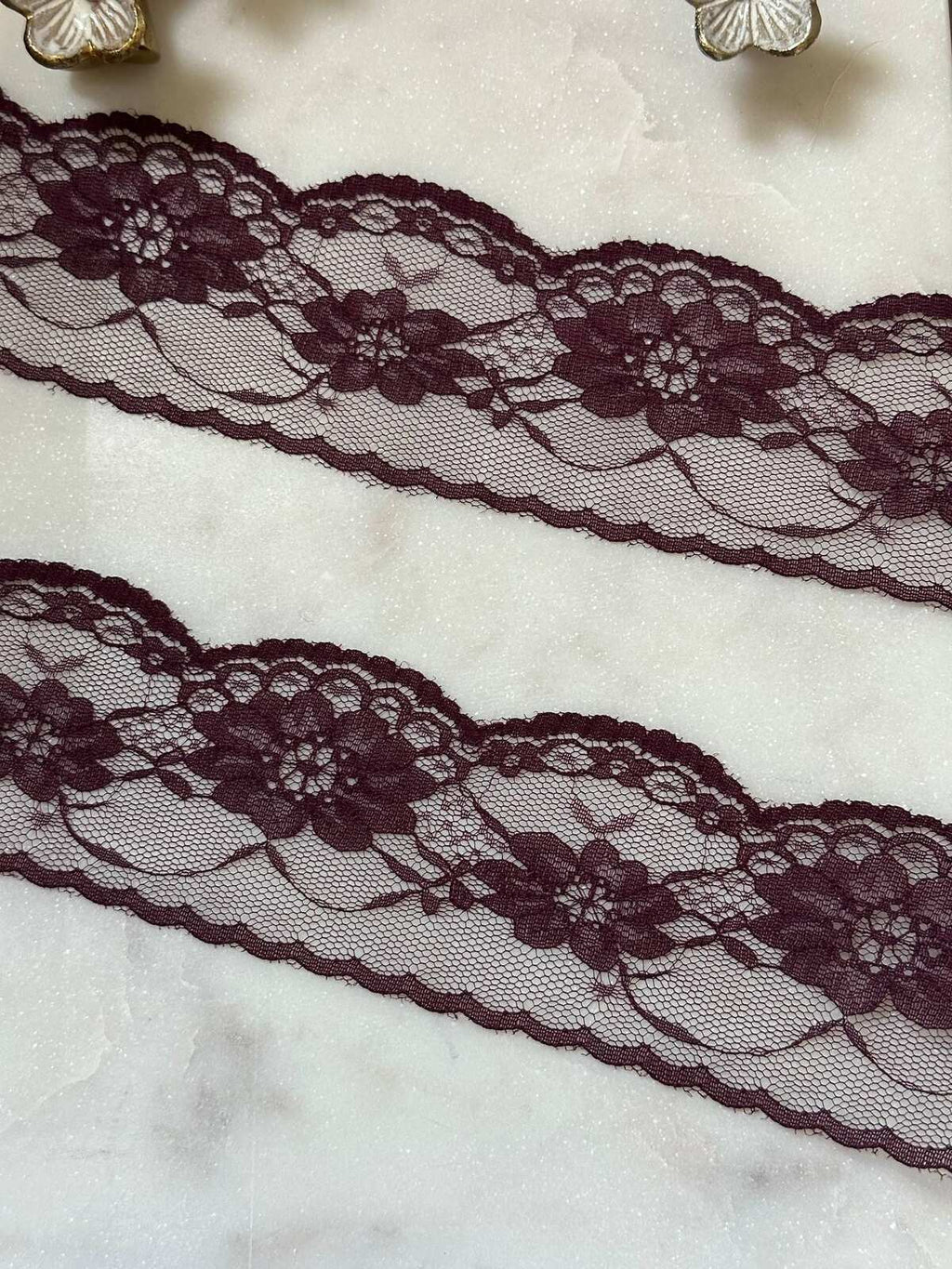 10yds Burgundy Floral Lace Trim by Yard, Non Stretch Drape Ribbon, Soft Skin Friendly Coquette Craft Supply, 2", Retail Wholesale Bulk