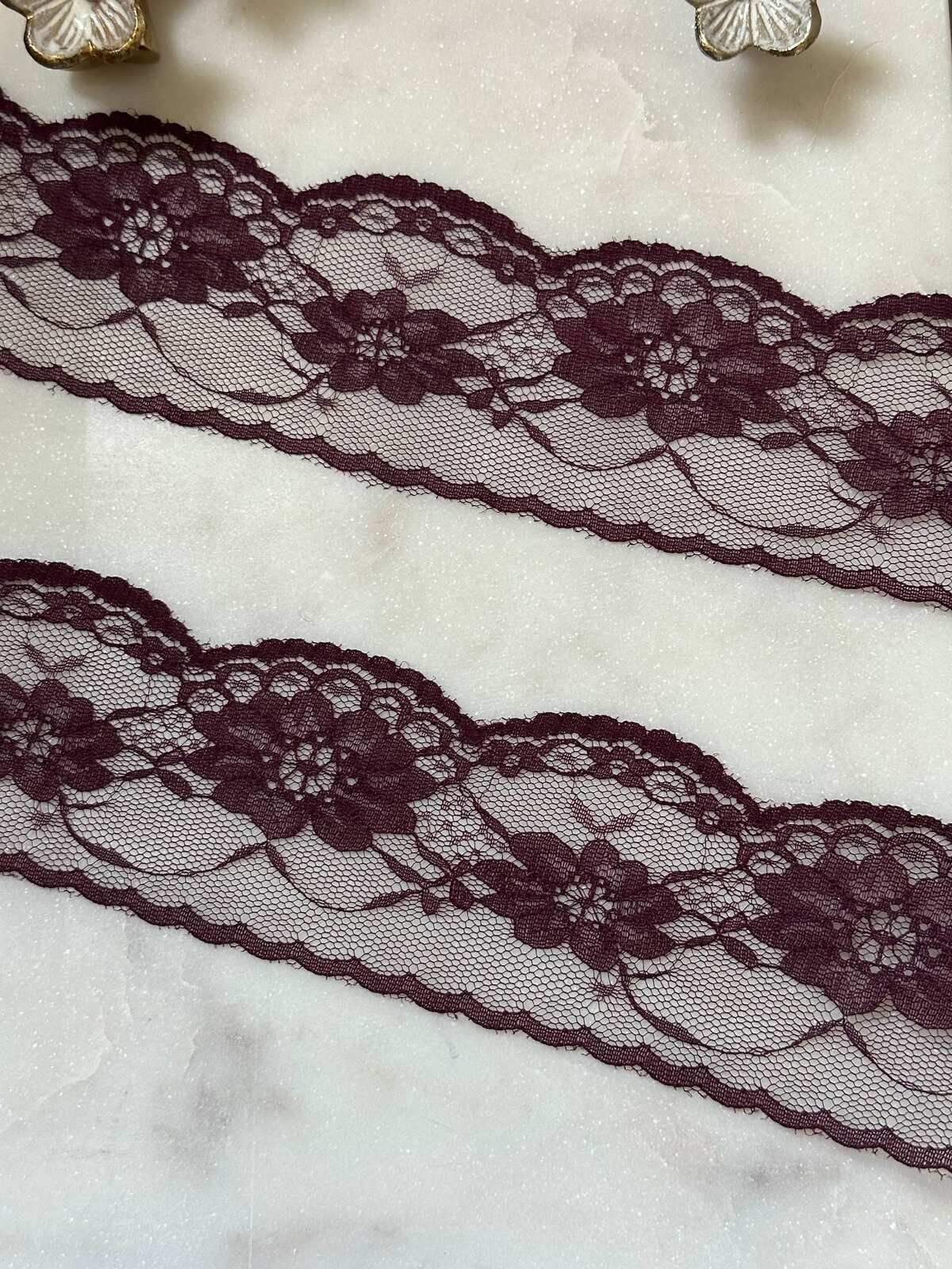 10yds Burgundy Floral Lace Trim by Yard, Non Stretch Drape Ribbon, Soft Skin Friendly Coquette Craft Supply, 2", Retail Wholesale Bulk