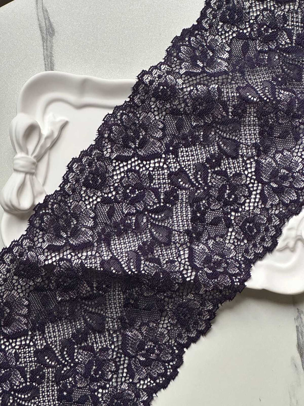Dark Indigo Navy Violet Floral Stretch Elastic Lace Trim Symmetrical Double Scalloped Wide Galloon Ribbon fs Crafts Sewing, 4.85"