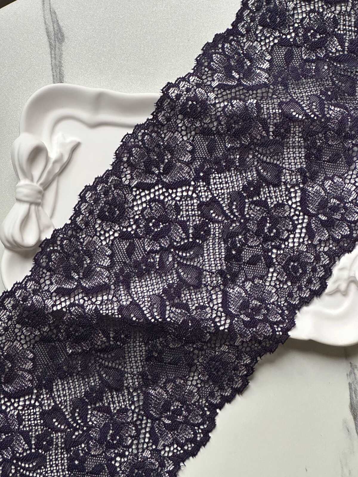 Dark Indigo Navy Violet Floral Stretch Elastic Lace Trim Symmetrical Double Scalloped Wide Galloon Ribbon fs Crafts Sewing, 4.85"