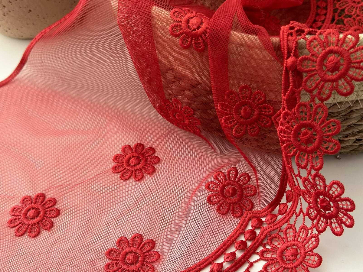 3Yds Non-Stretch 11" Red Daisy Floral Mesh Embroidered Lace Trim, Wholesale