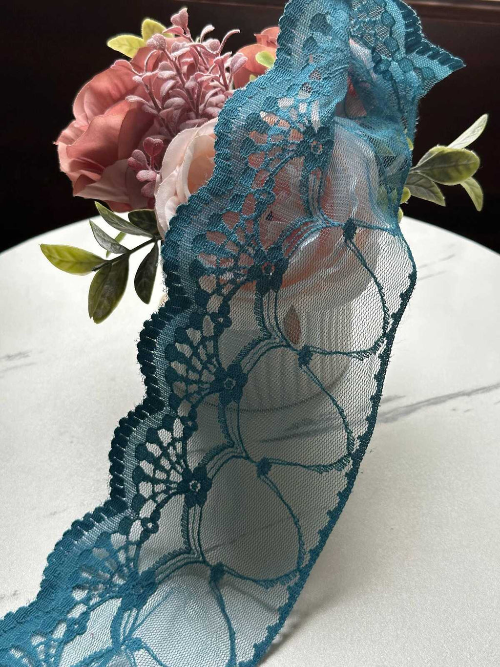 Ultra Soft Deep Teal Blue Scalloped Non-Stretch Lace Trim by the Yard, Wide Tulle Net Ribbon for Sewing Crafts, 4", Retail Wholesale Bulk