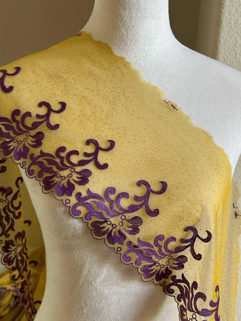 Glitter Gold Soft Mesh Embroidered Trim, Heavy Scalloped Floral Lace Fabric, 4 Inch Embroidery Border for Lolita Dress Ruffle, By The Yard