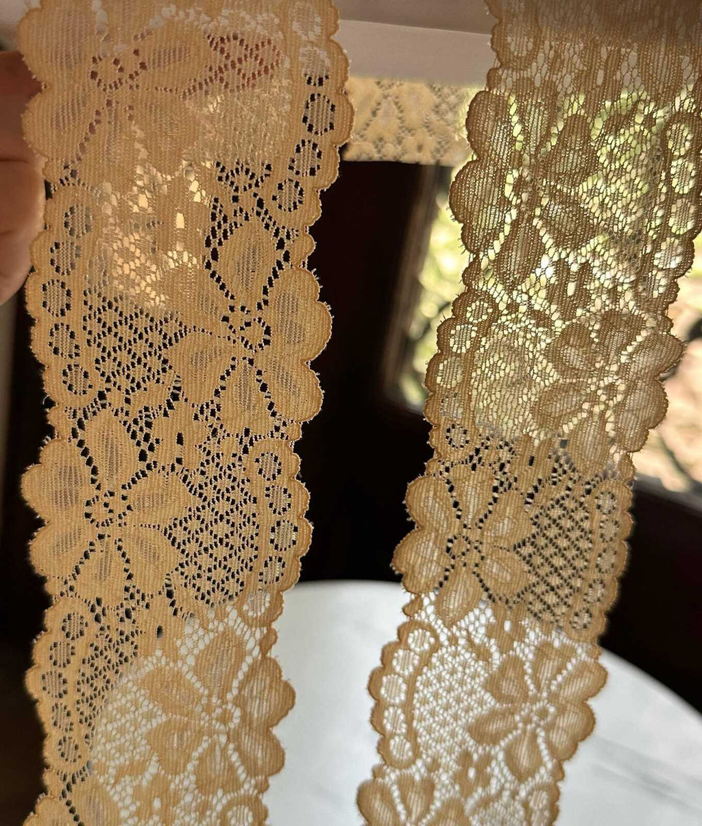 10yds Muted Apricot Peach Floral Slight Stretch Lace Trim Symmetrical Double Scalloped Thin Galloon Ribbon for Lingerie Underwear Crafts, 2"