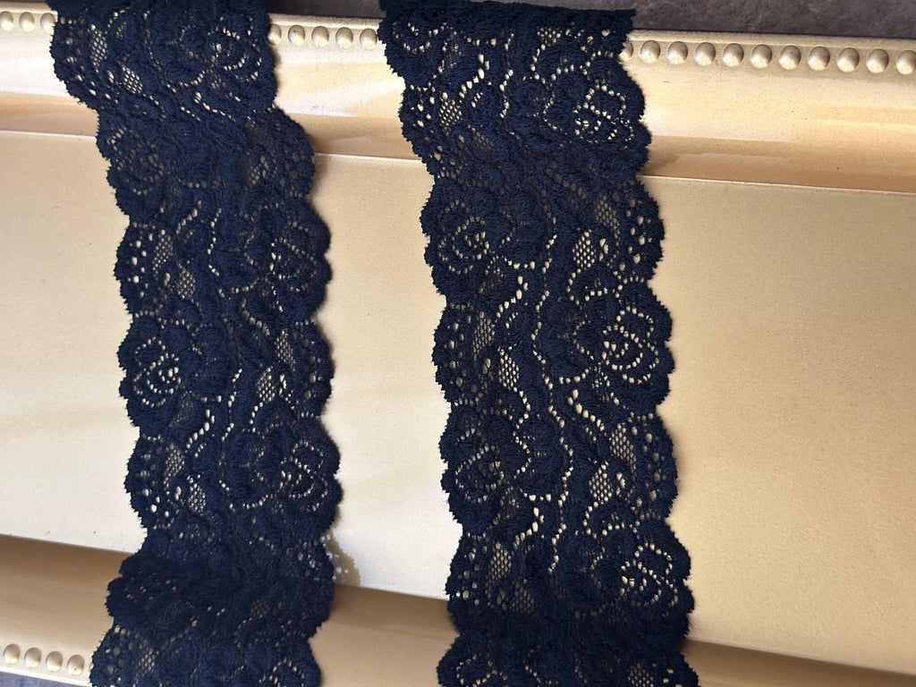 3yard,2.3" Black Stretch Lace Trim by the Yard, Soft Floral Elastic Double Scalloped Lace for Gothic Lolita, Lingerie, Choker, Doll Clothes