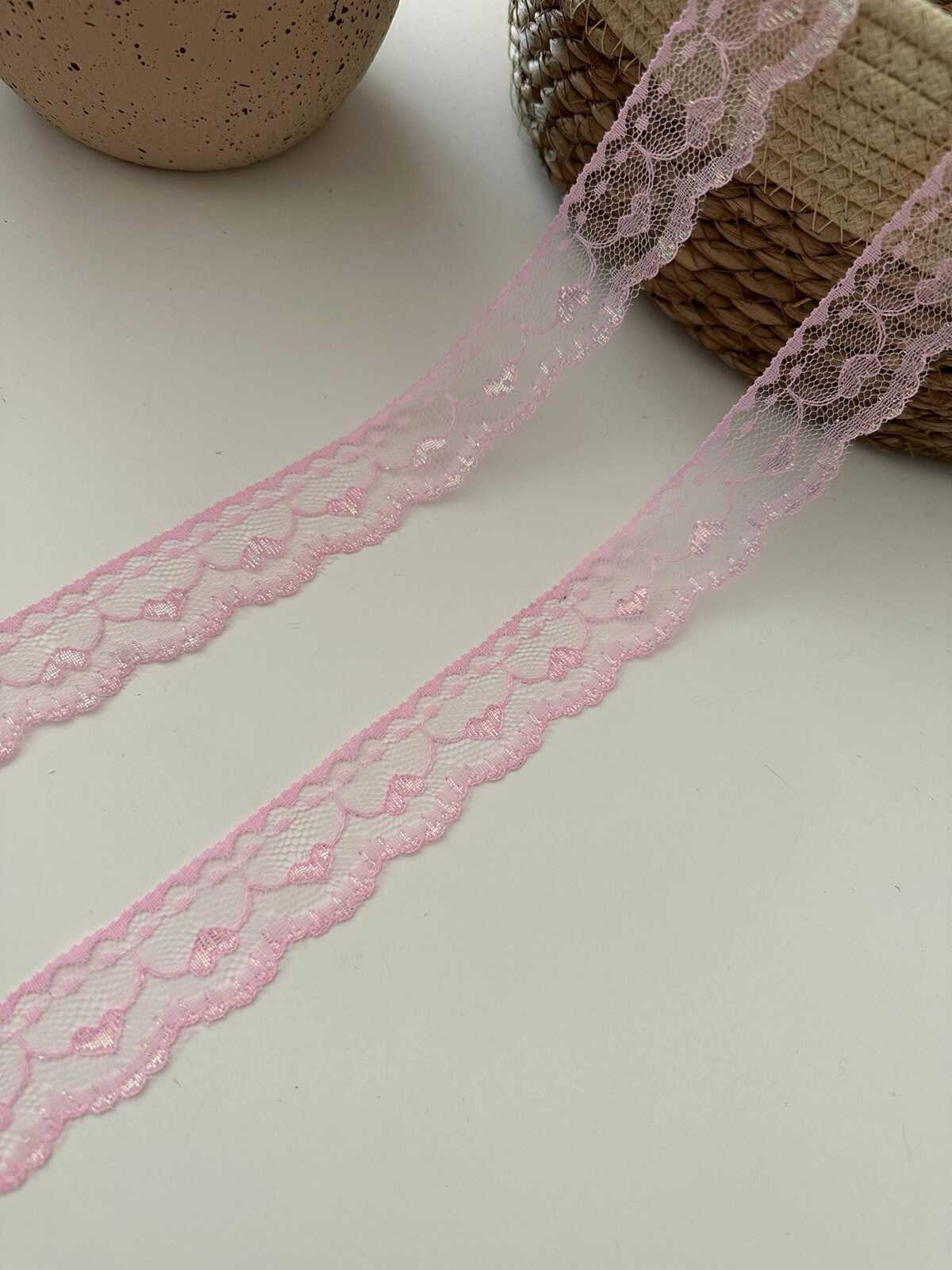 10yds Pink Heart Lace Trim, 1" Non-Stretch Ribbon, Bulk Clearance Coquette Y2K Lace, Garment Trim, DIY Sewing, Retail Wholesale