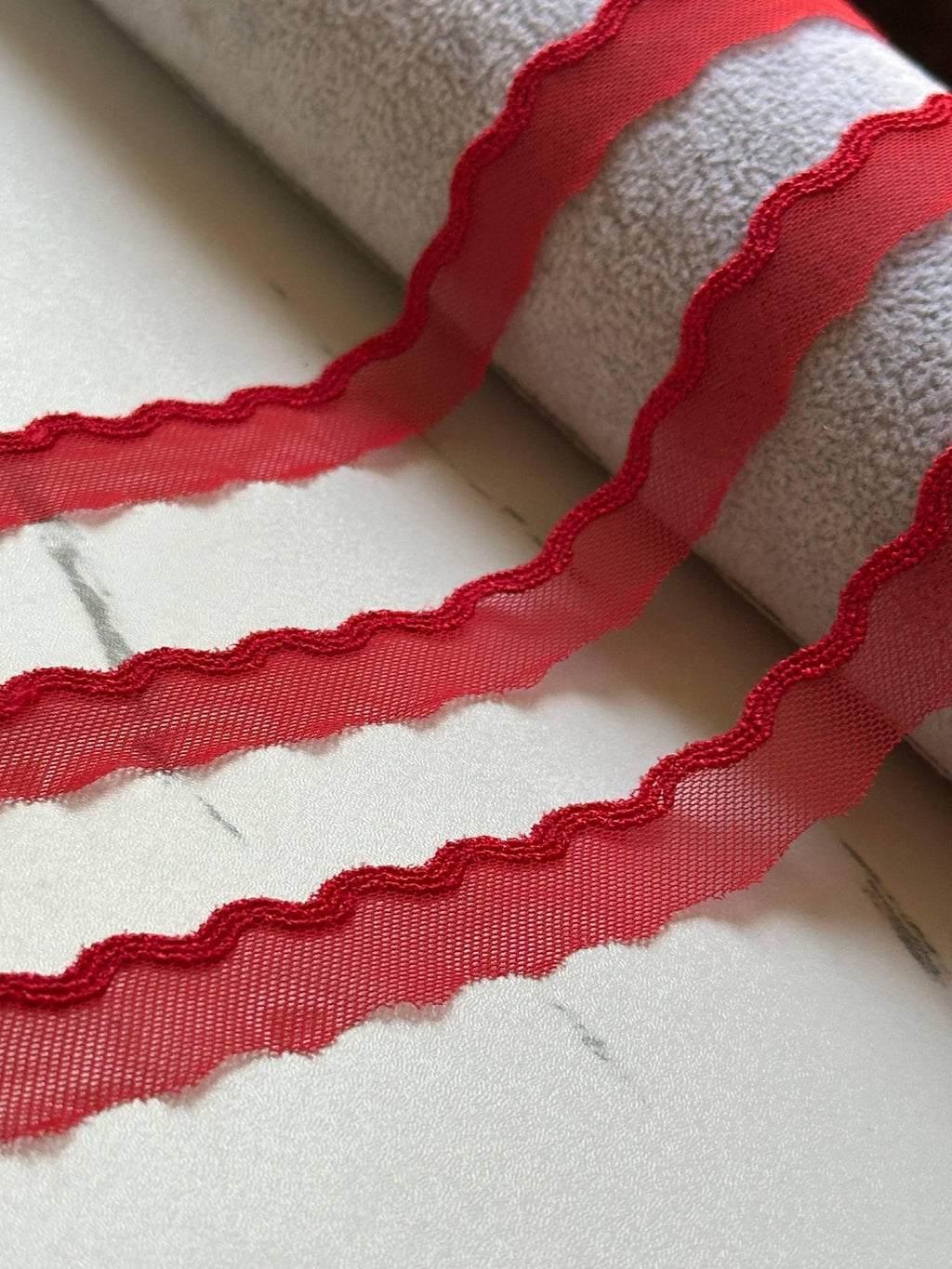 10yds Red Scalloped Mesh Lace Trim by Yard, Crescent Non Stretch Ribbon, Coquette Craft Supply, 0.6", Retail Wholesale Bulk