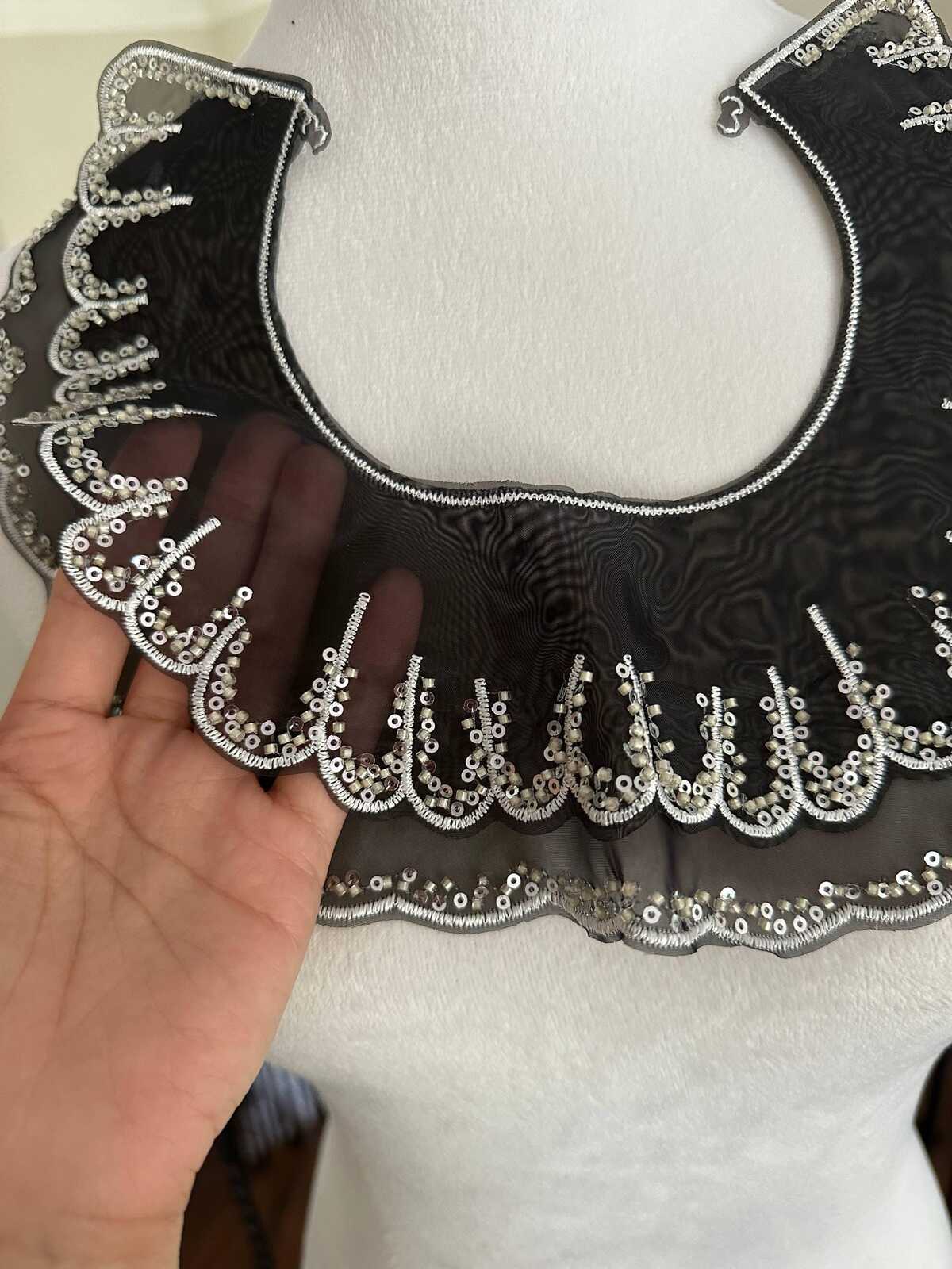 1Pc Handmade Beaded Organza Collar Applique, Black Sequin Lace Trim Wholesale