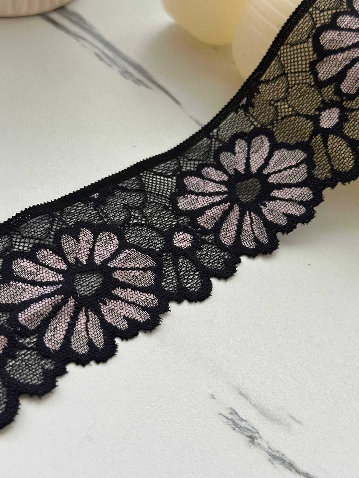 5Yds Stretch 2.3" Black Pink Daisy Floral Scalloped Stretch Lace Wholesale