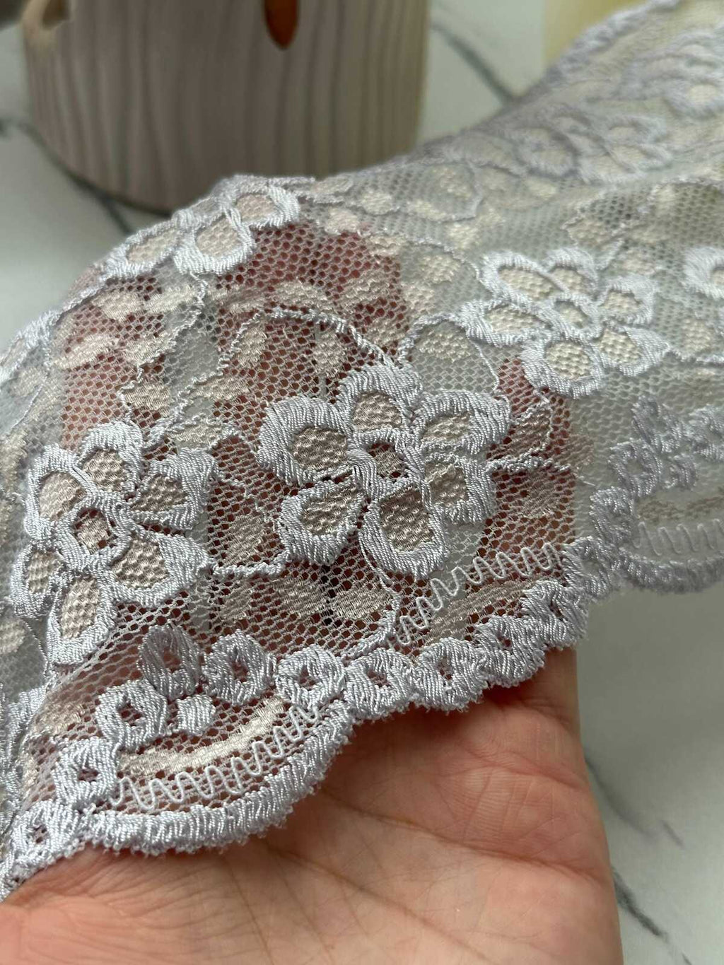1Yd Stretch 5.5" Muted Lavender Floral Embossed Stretch Lace Trim Wholesale
